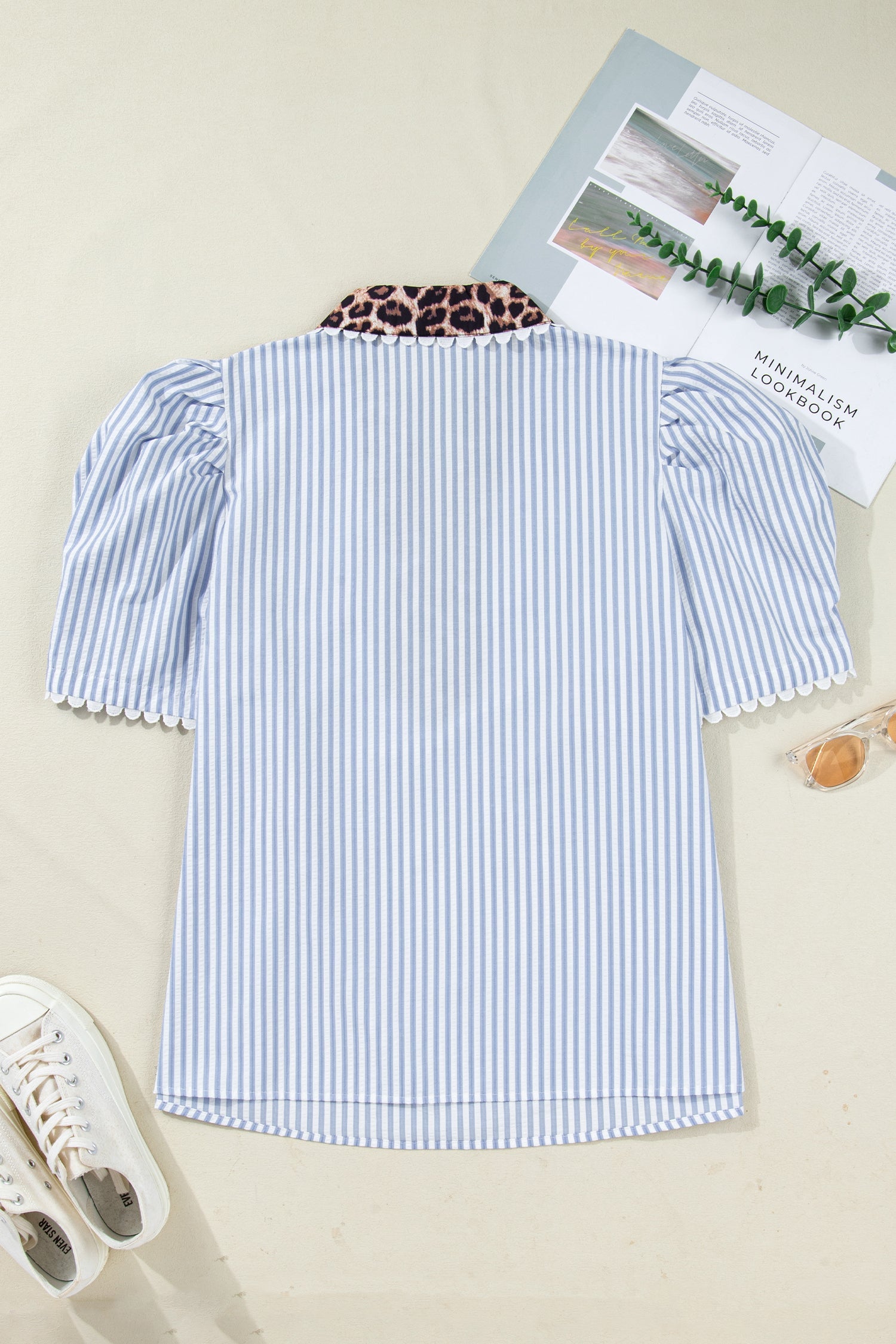 Plus Size Leopard Collar Stripe Bubble Sleeve Blouse