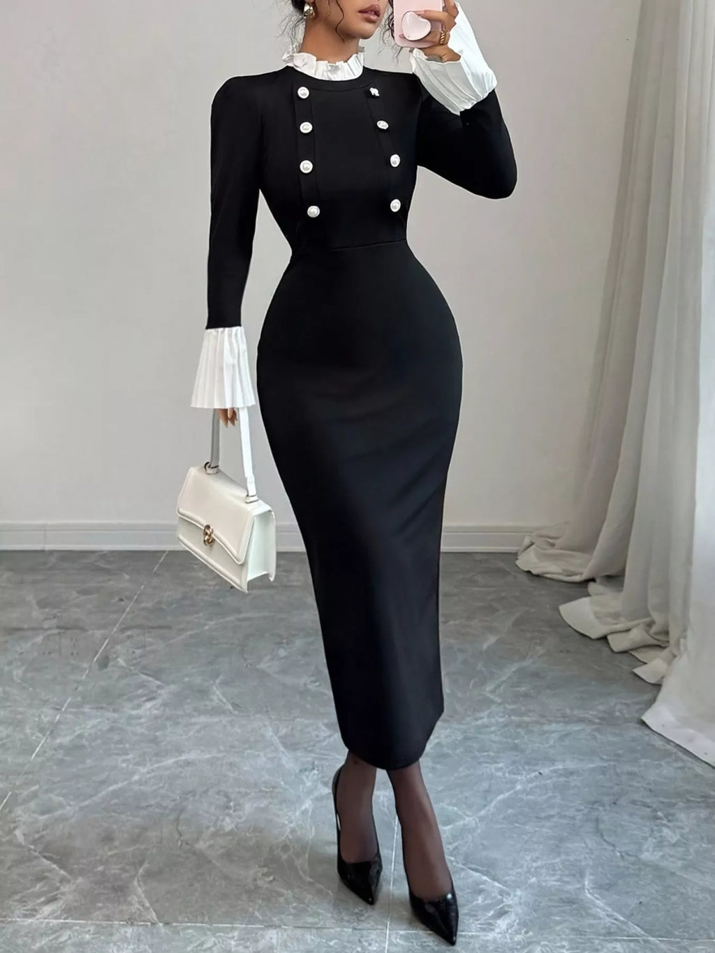 Two Tone Long Sleeve Midi Dress