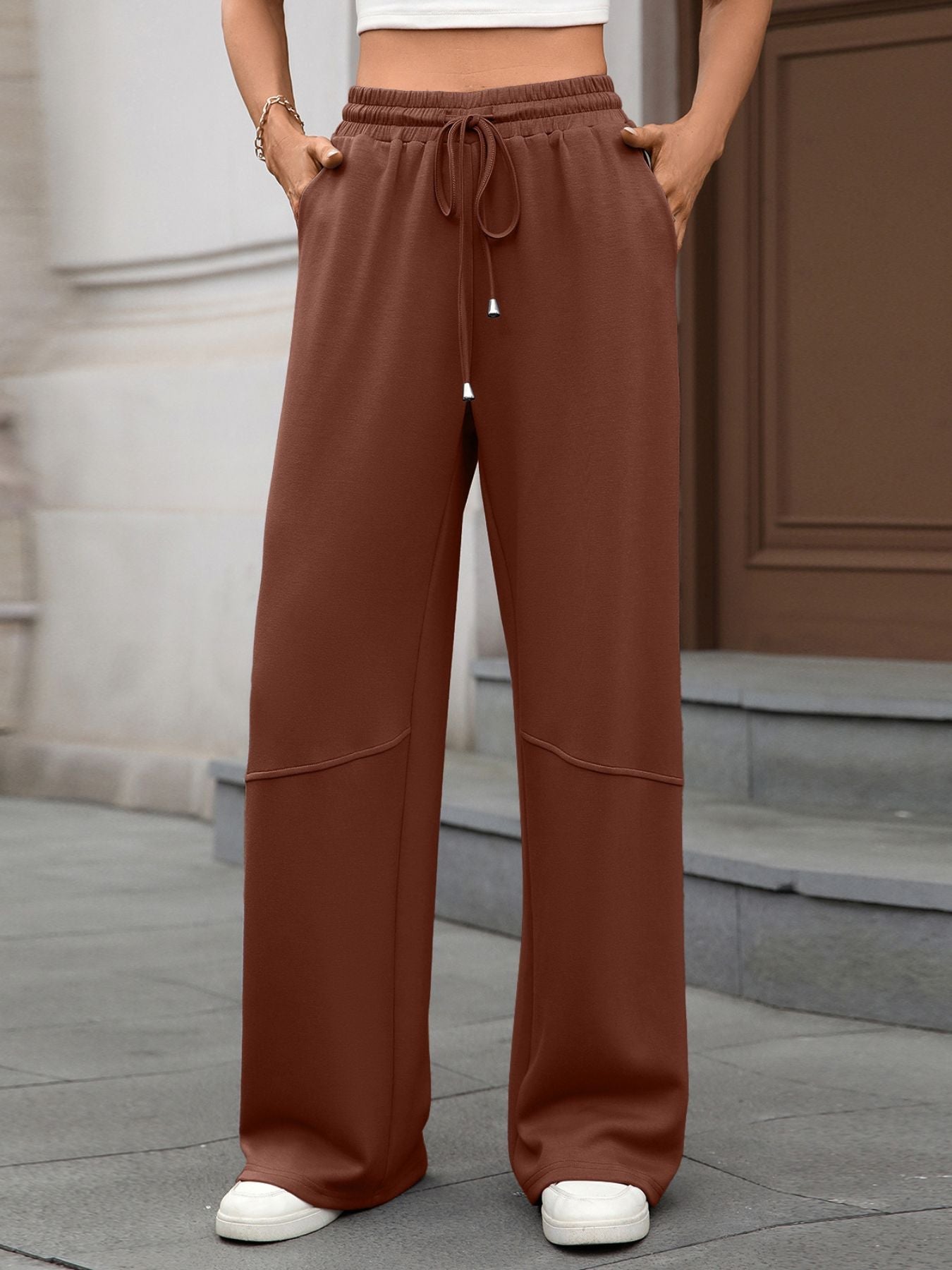 Drawstring High Waist Wide Leg Casual Pants