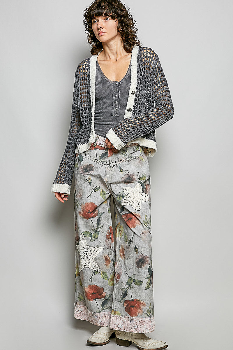 POL Openwork Contrast Cardigan with Floral Metal Button