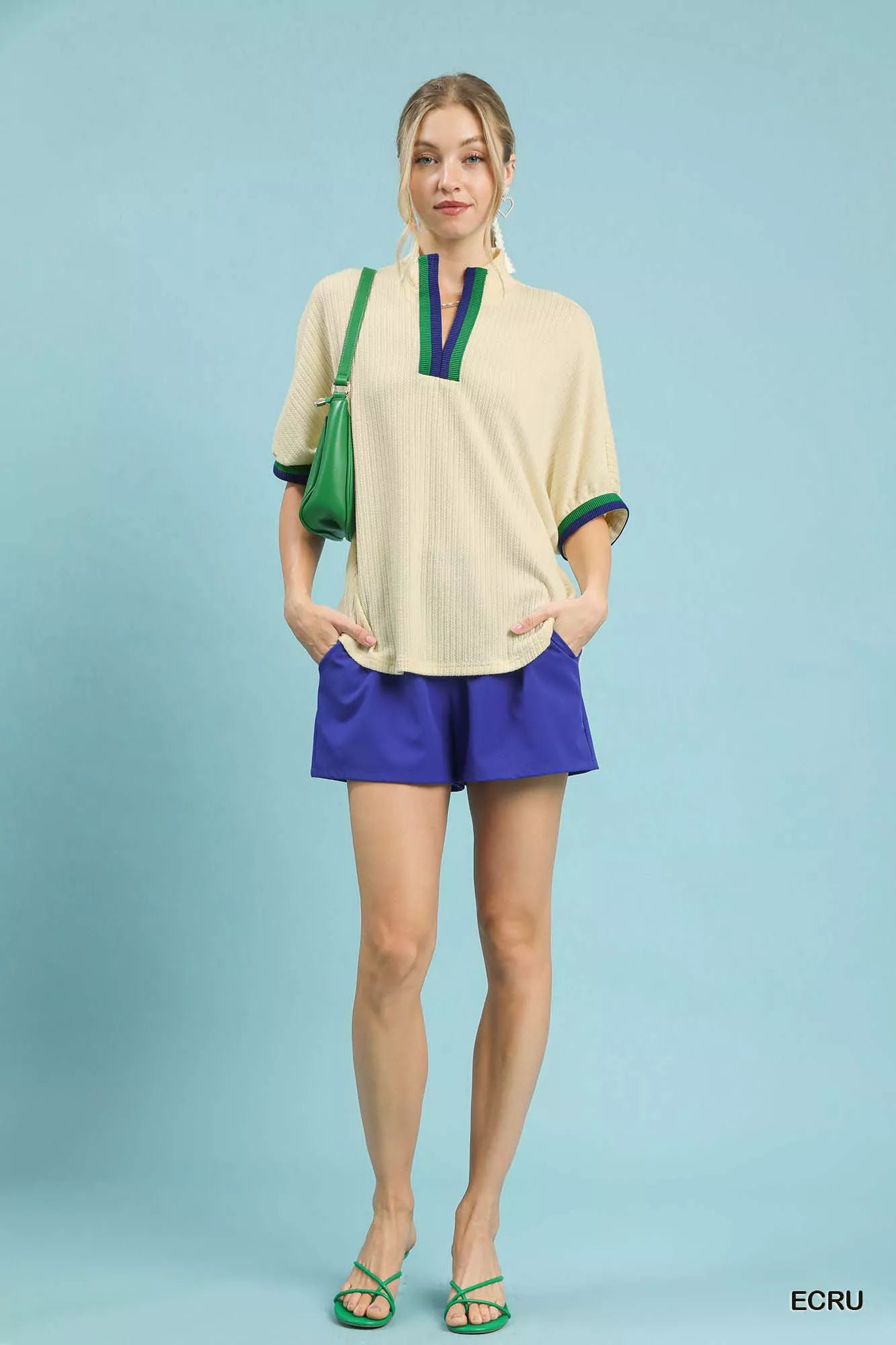Umgee Textured Knit Top with Striped Contrast Trim