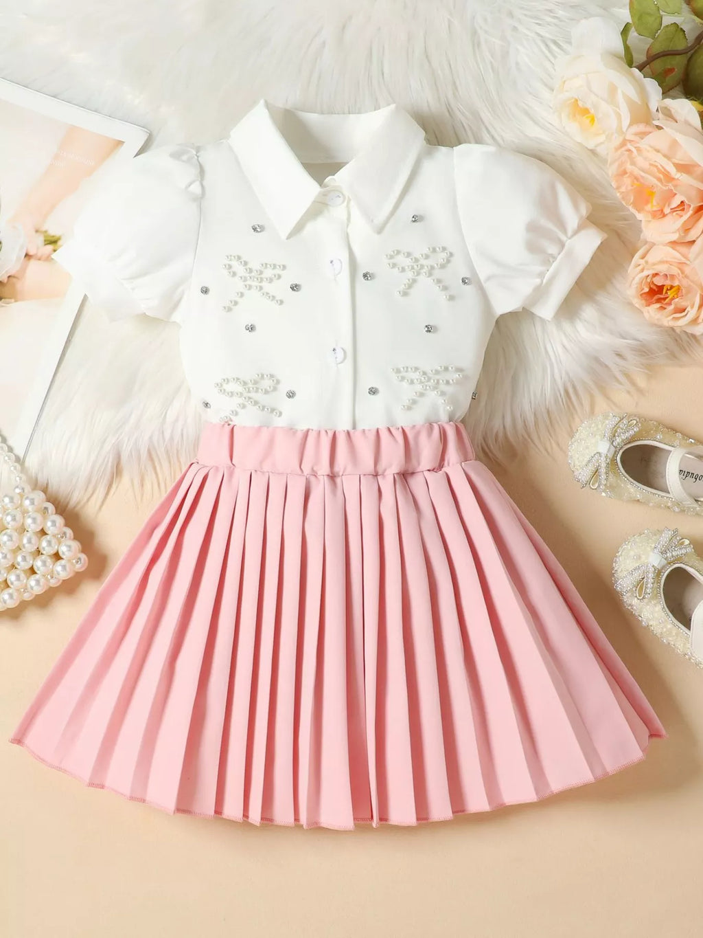 Children's Bow-Embellished Top & Pleated Skirt Set