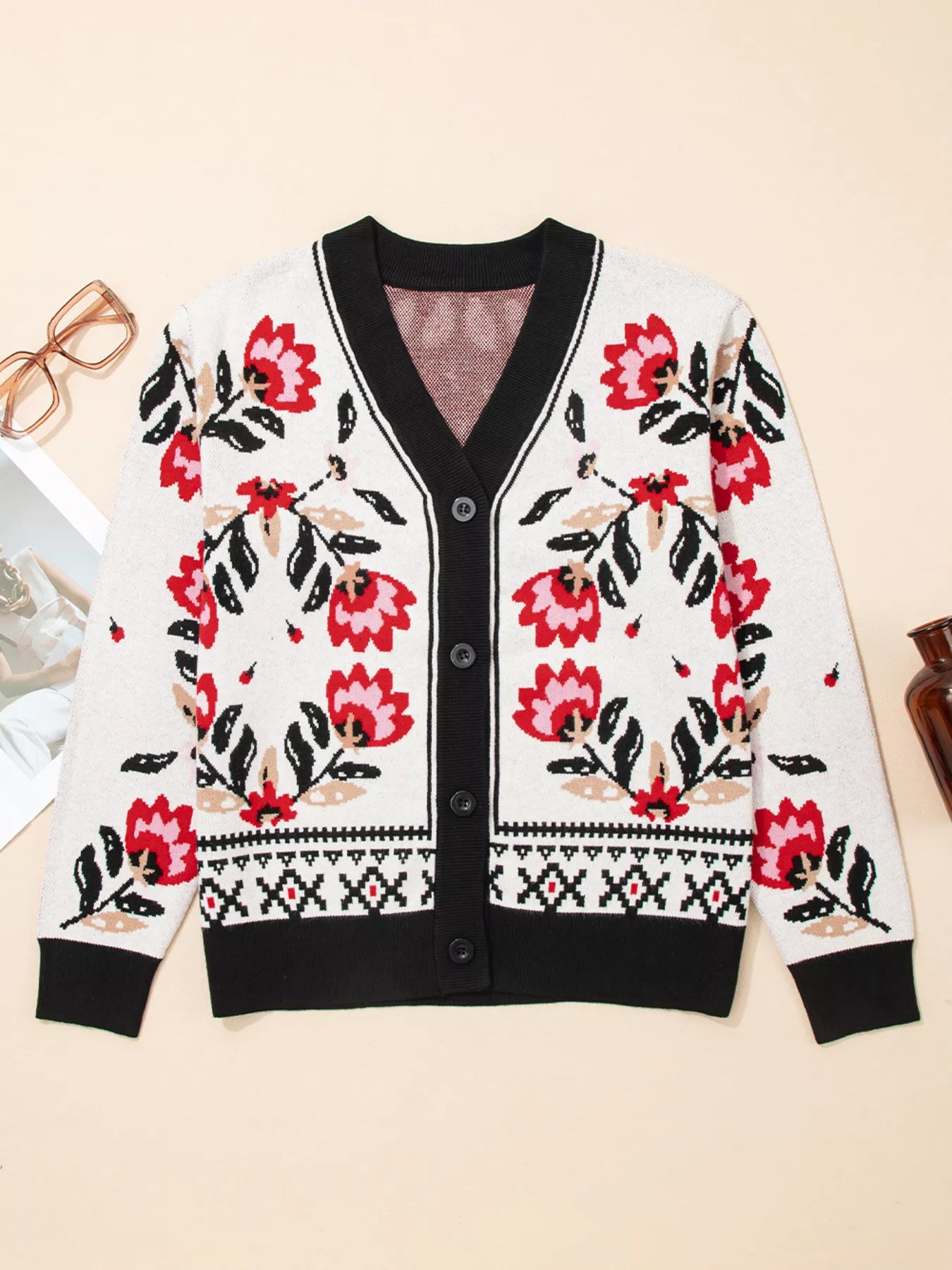 Floral Button Down Cardigan with Geometric Border
