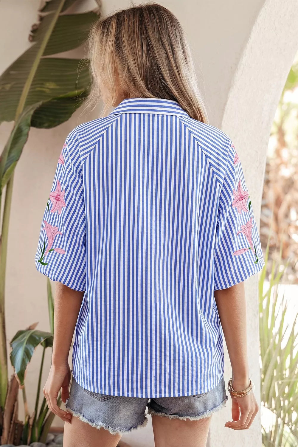 Striped Floral Embroidered Puff Sleeve Button Down Shirt