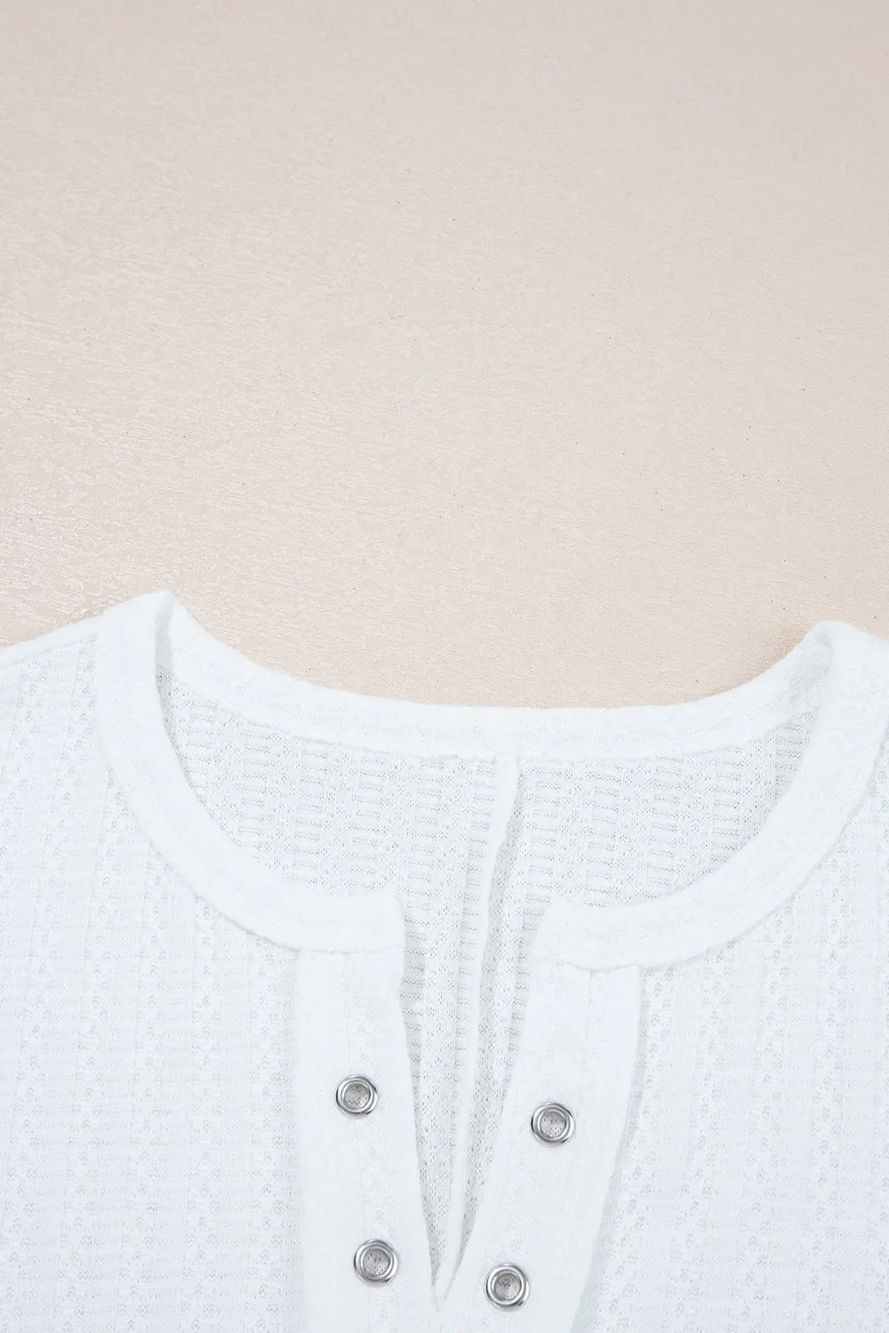 Textured Hollow Grommet Placket Split Neck Short Sleeve Top