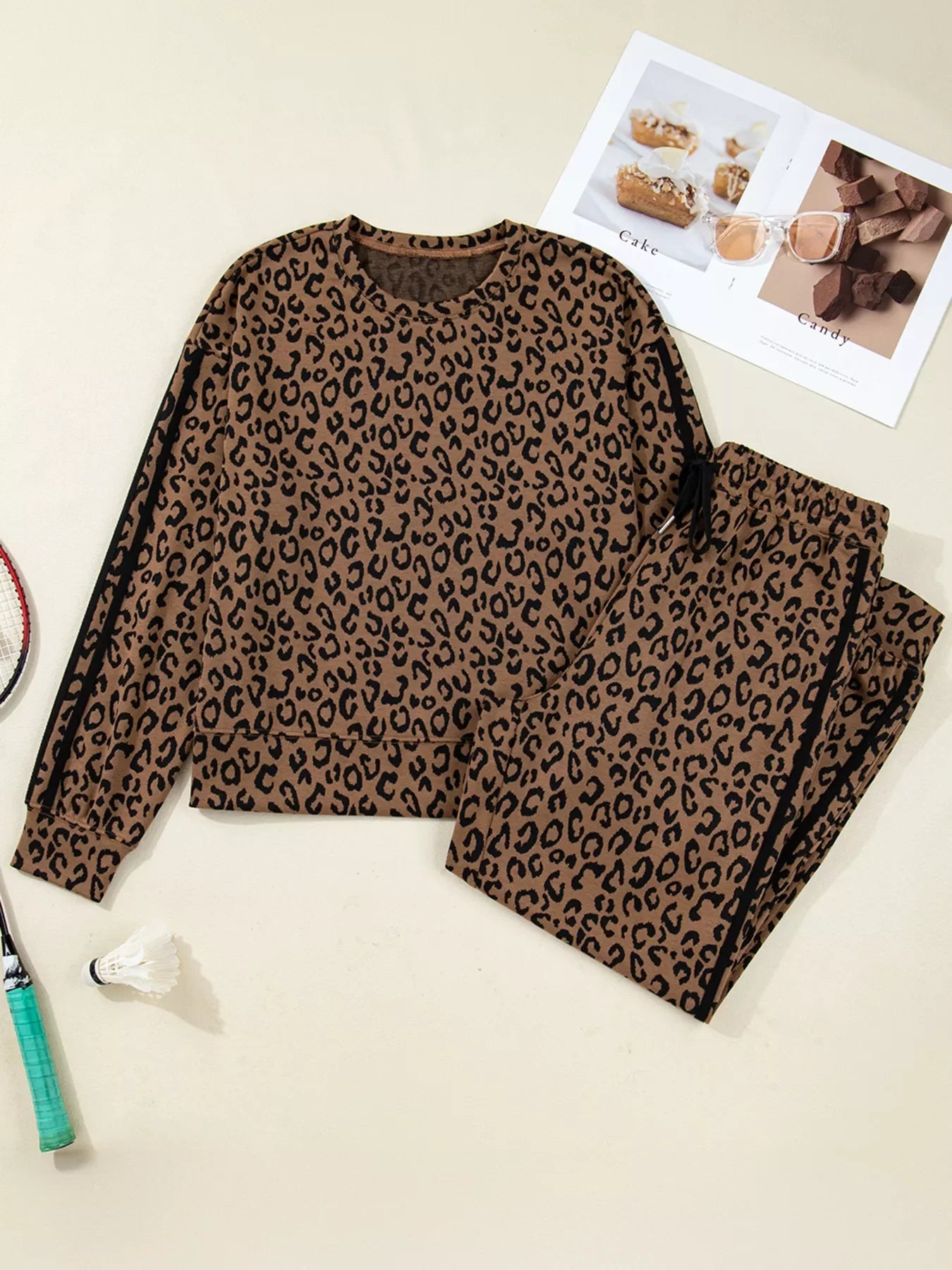 Striped Trim Leopard Long Sleeve Top Drawstring Pant Set