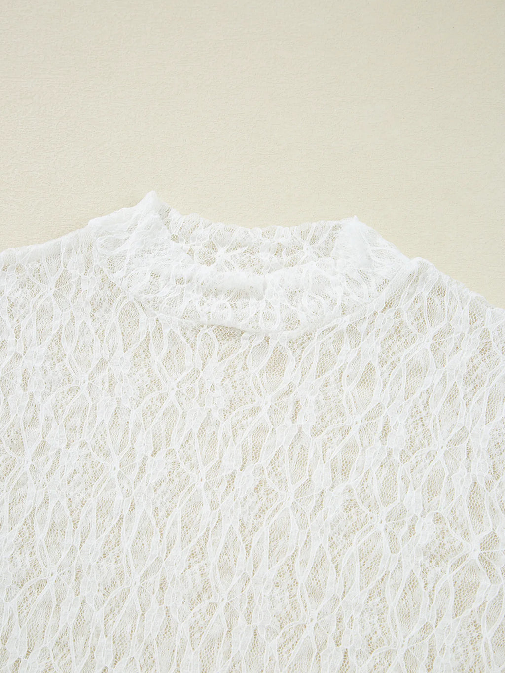 Sheer Lace Bell Sleeve Mock Neck Blouse