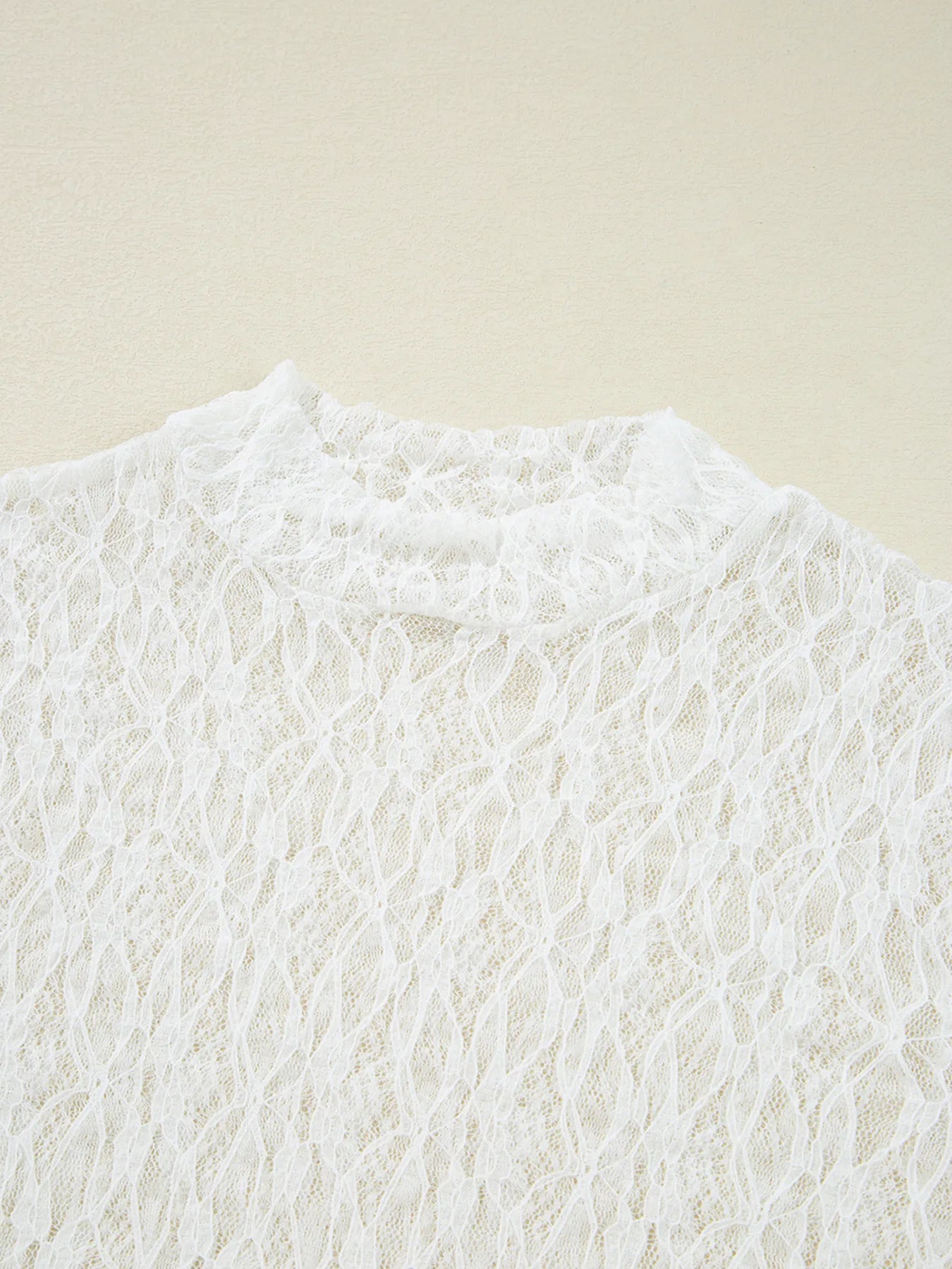 Sheer Lace Bell Sleeve Mock Neck Blouse
