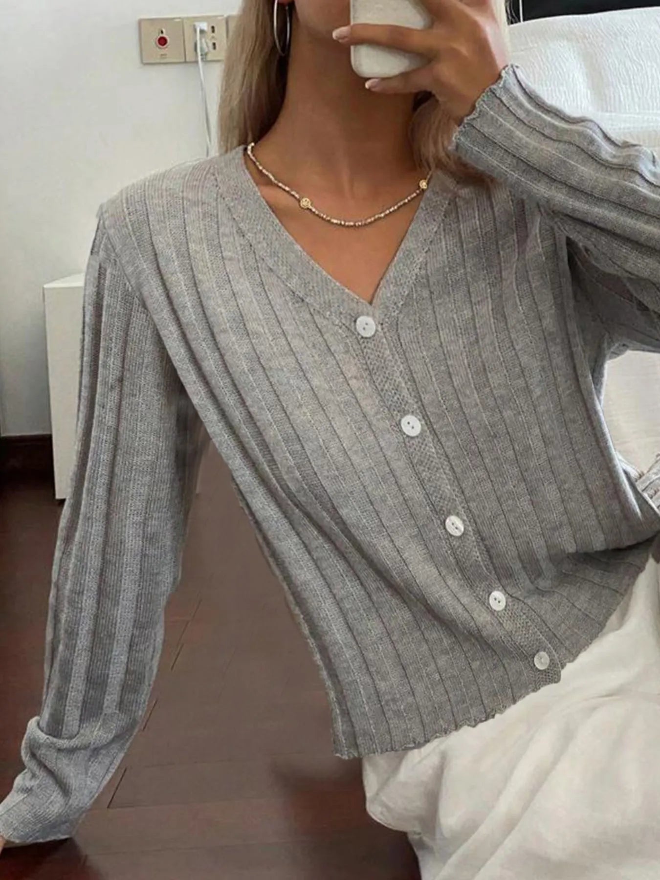 Ribbed Button-Up V-Neck Cardigan