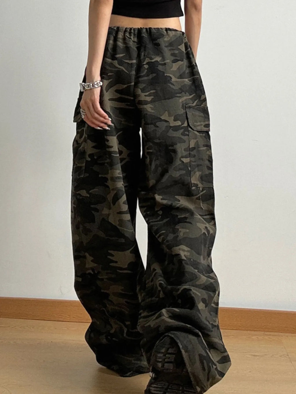 Drawstring Camouflage Cargo Wide Leg Jeans
