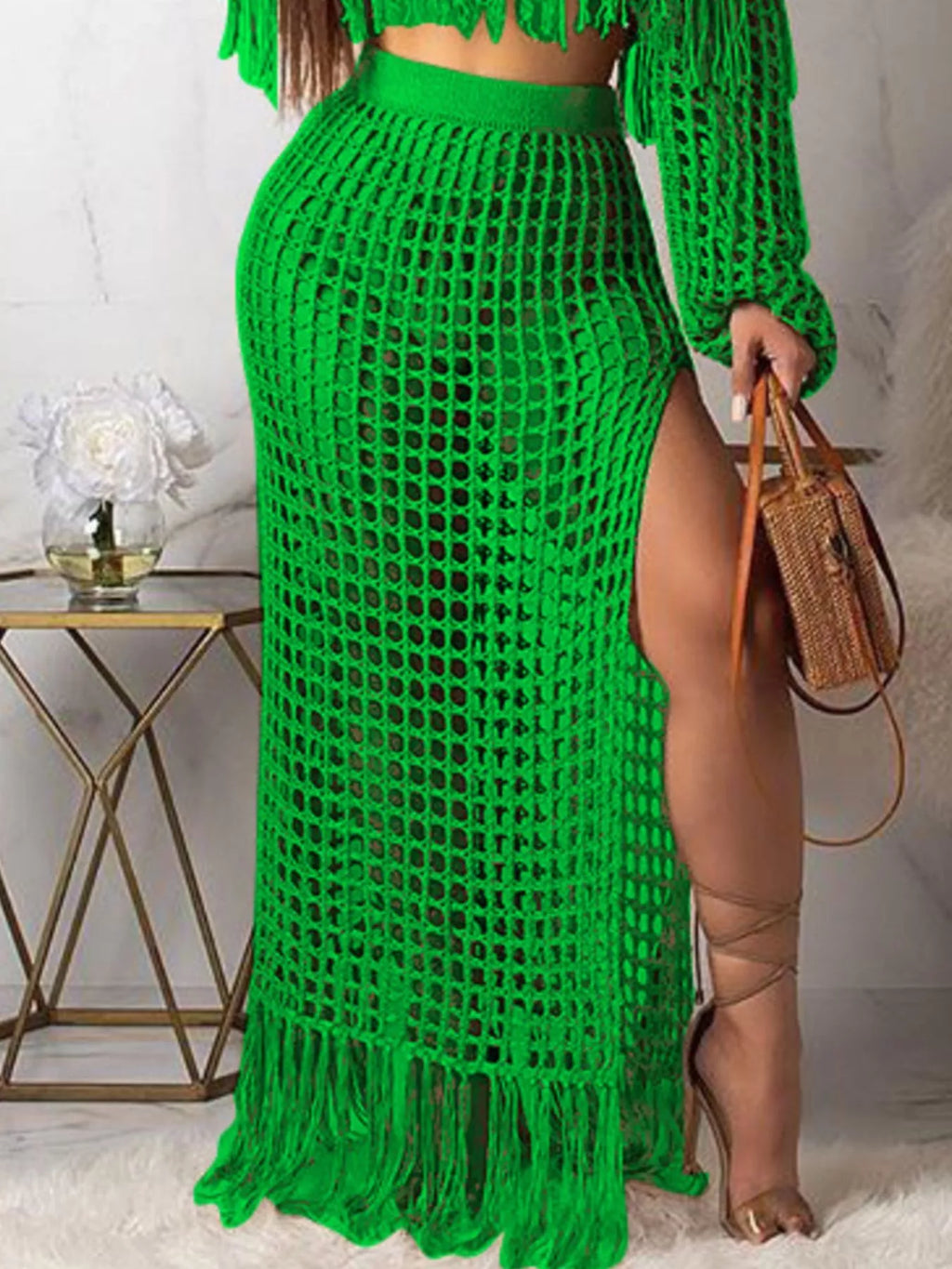 Full Size Crochet Off-Shoulder Fringe Top and Skirt Set Plus Size