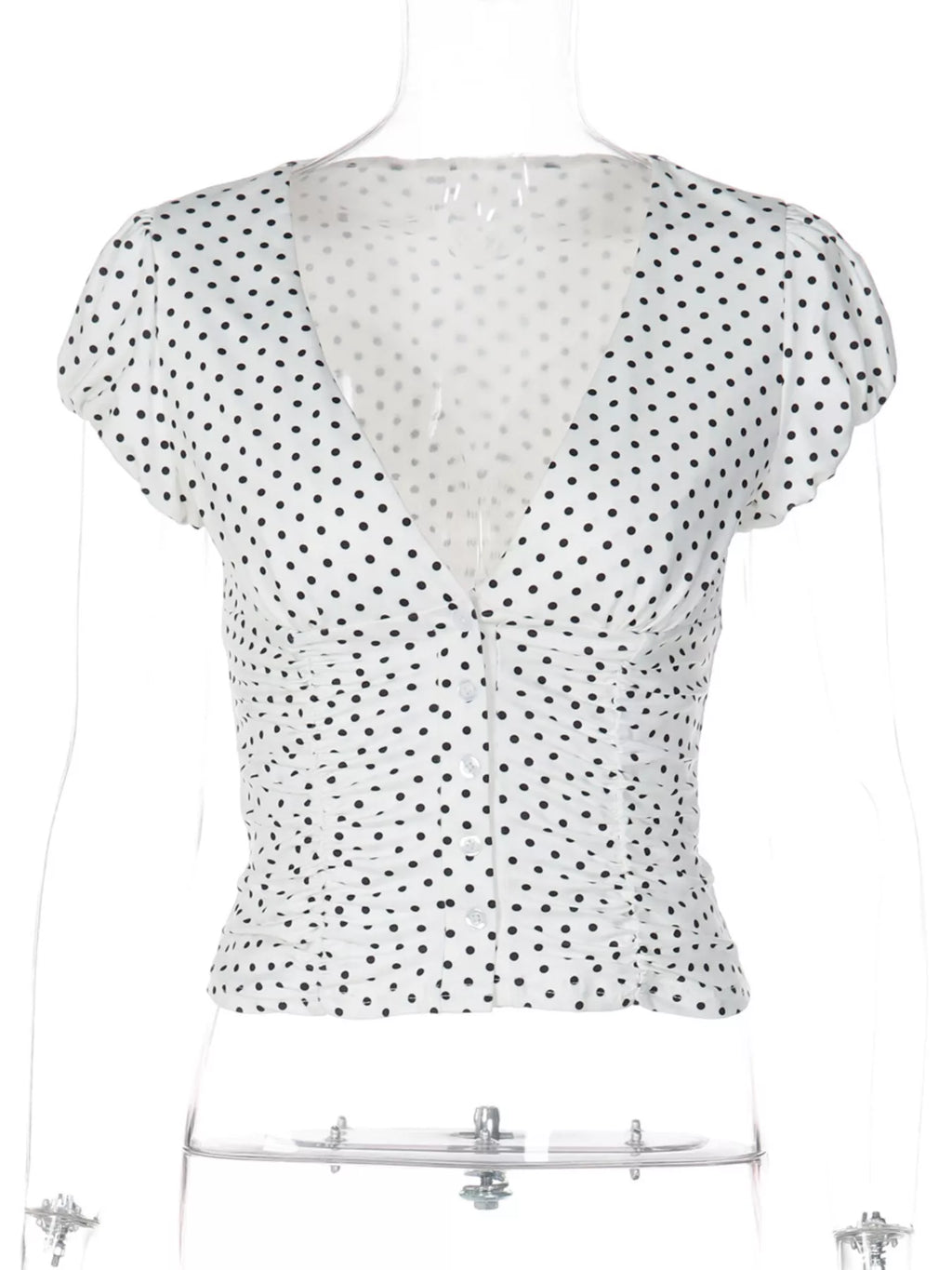 Polka Dot Ruched V-Neck Top