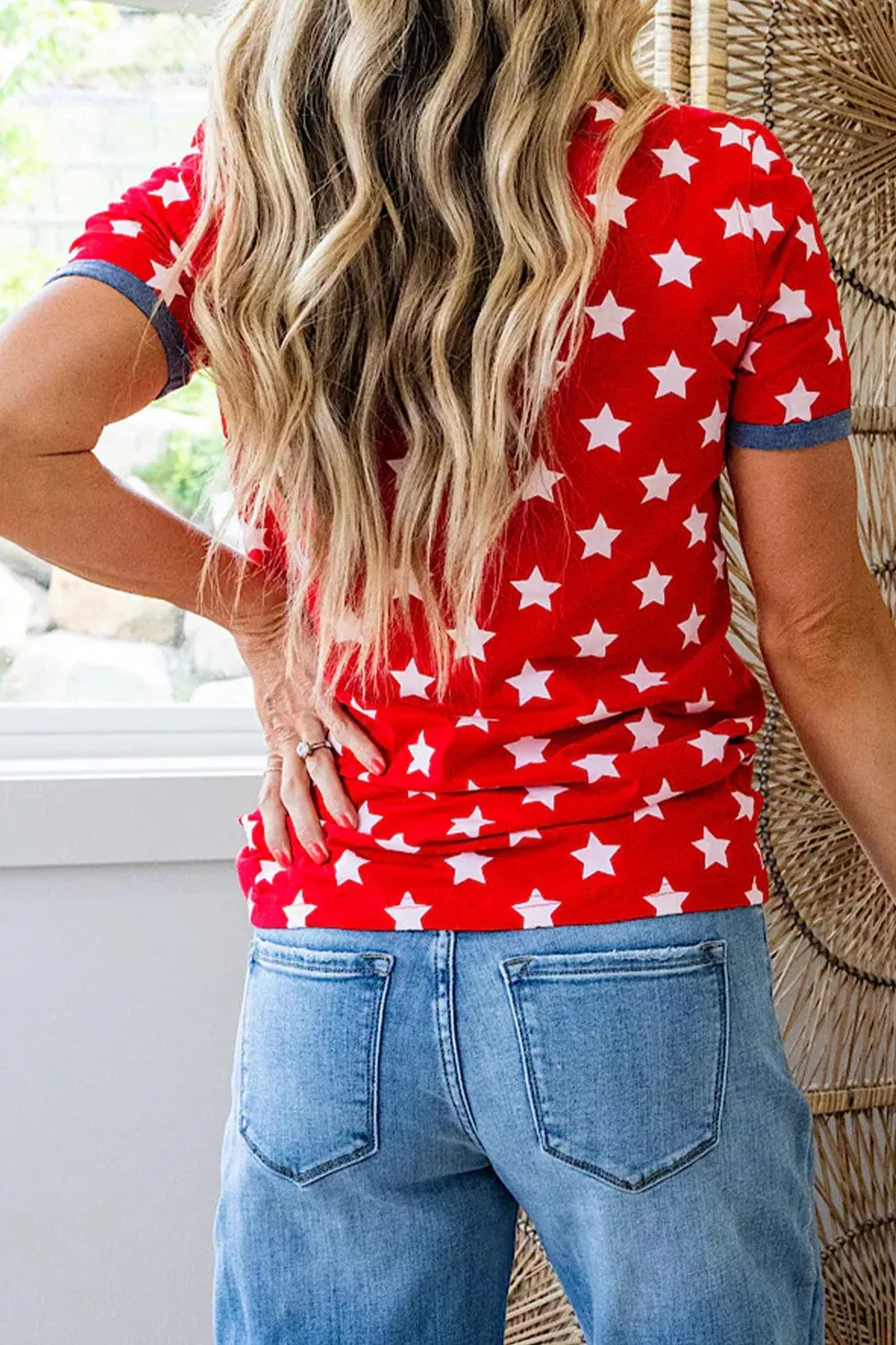 Stars Print Colorblock Binding Tape Collar Cuff Viscose Tunic Top