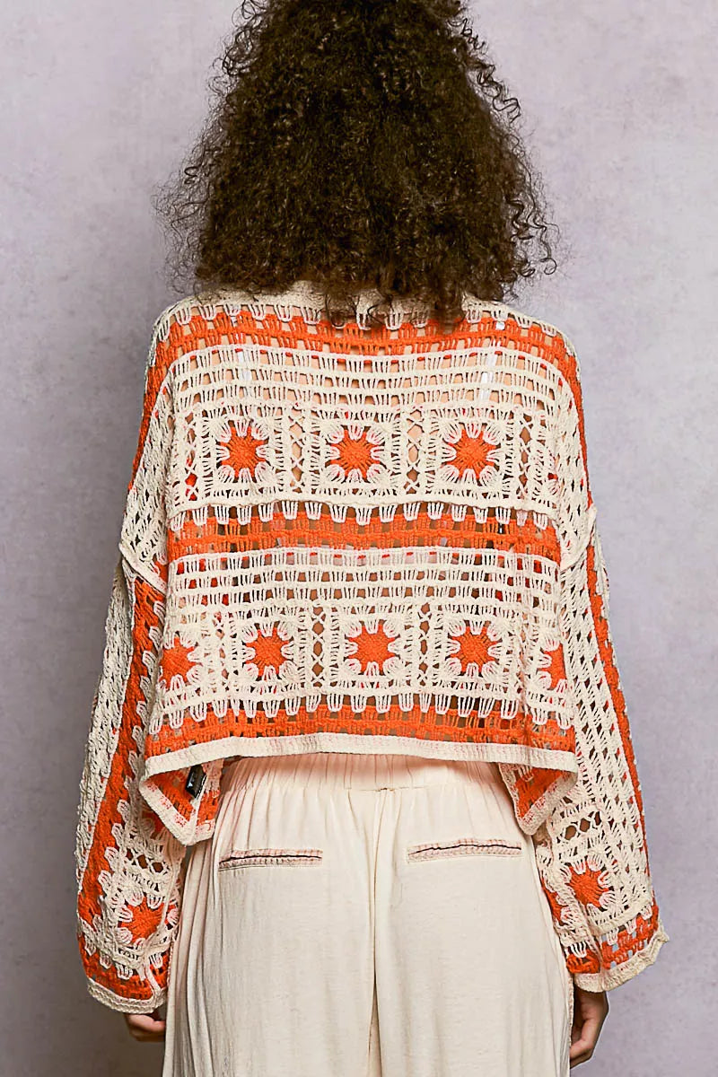 POL Boat Neck Long Sleeve Crochet Top with Granny Square Weaving