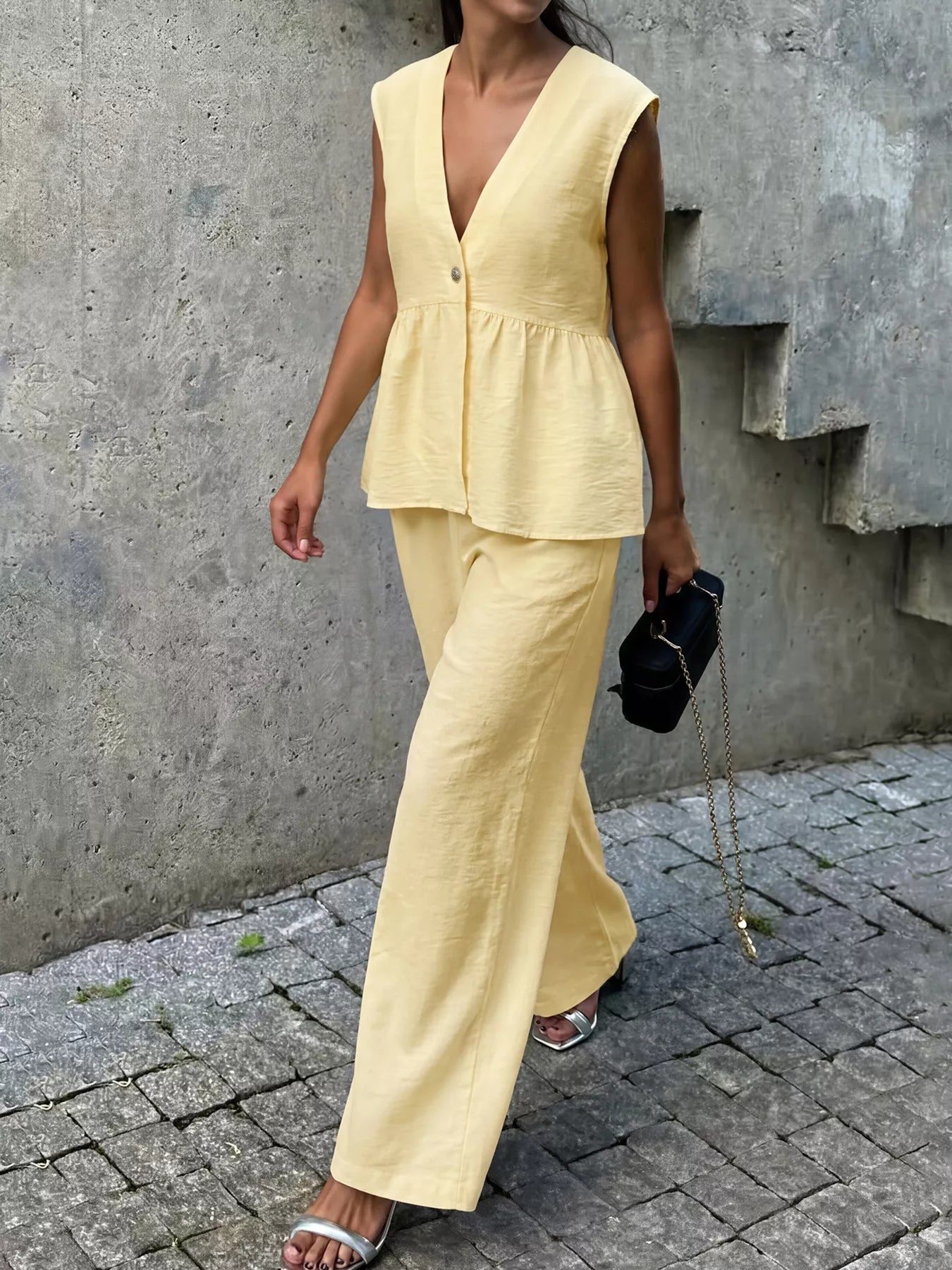 One Button Sleeveless Top and Pants Set