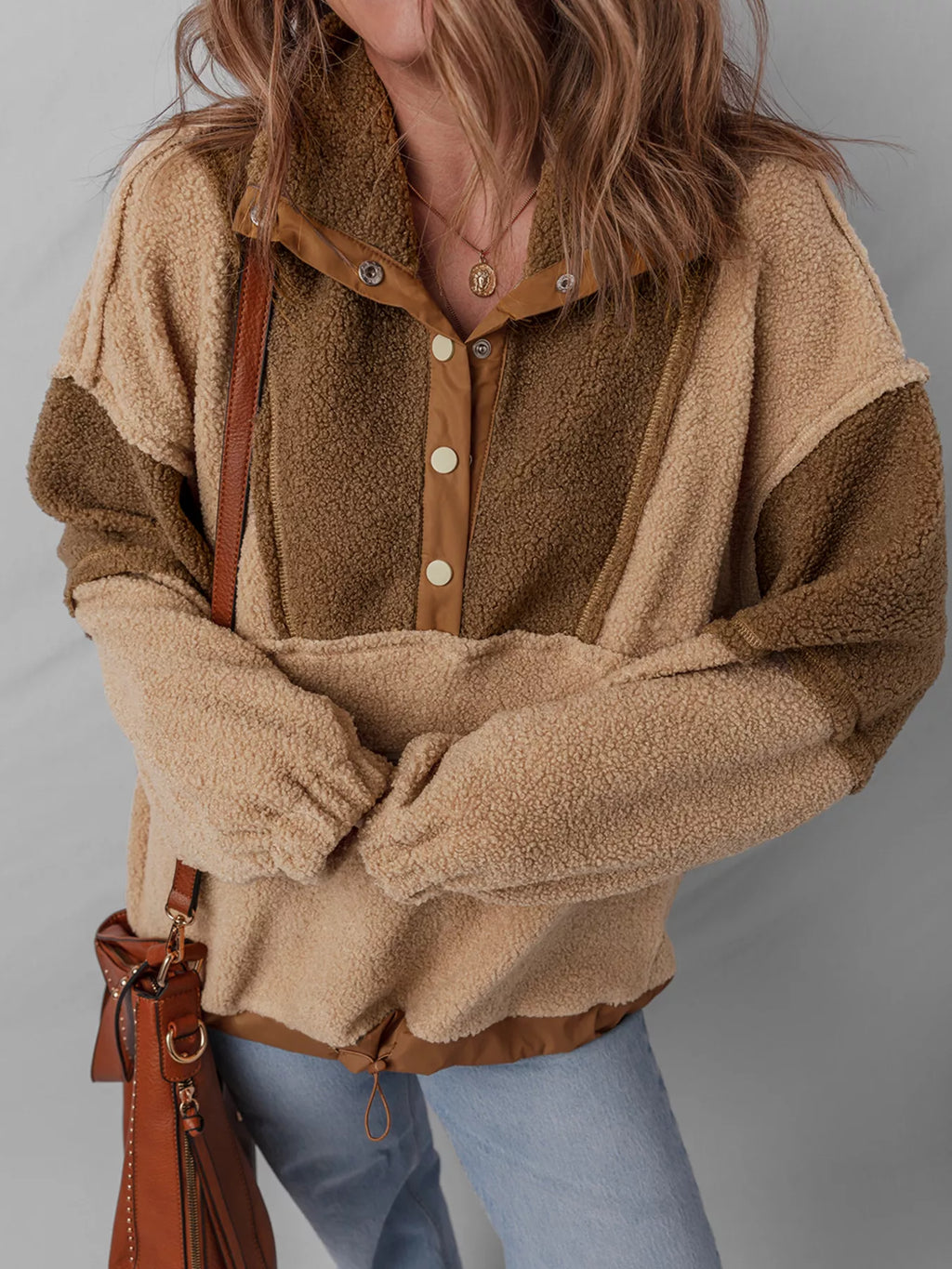 Color Block Patchwork Half Button Sherpa Sweatshirt