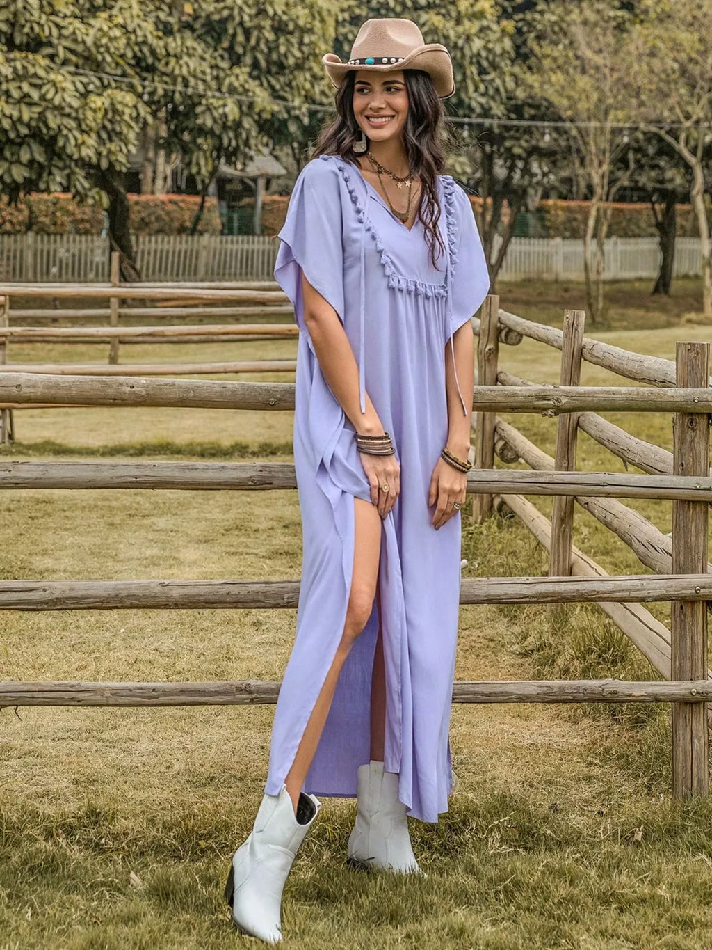 Side Slit Tie Neck Flutter Sleeve Dress