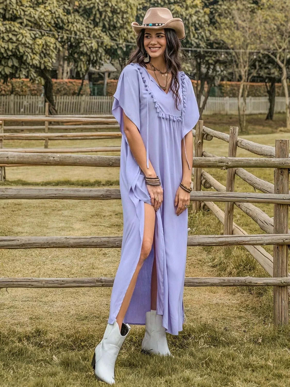 Side Slit Tie Neck Flutter Sleeve Dress