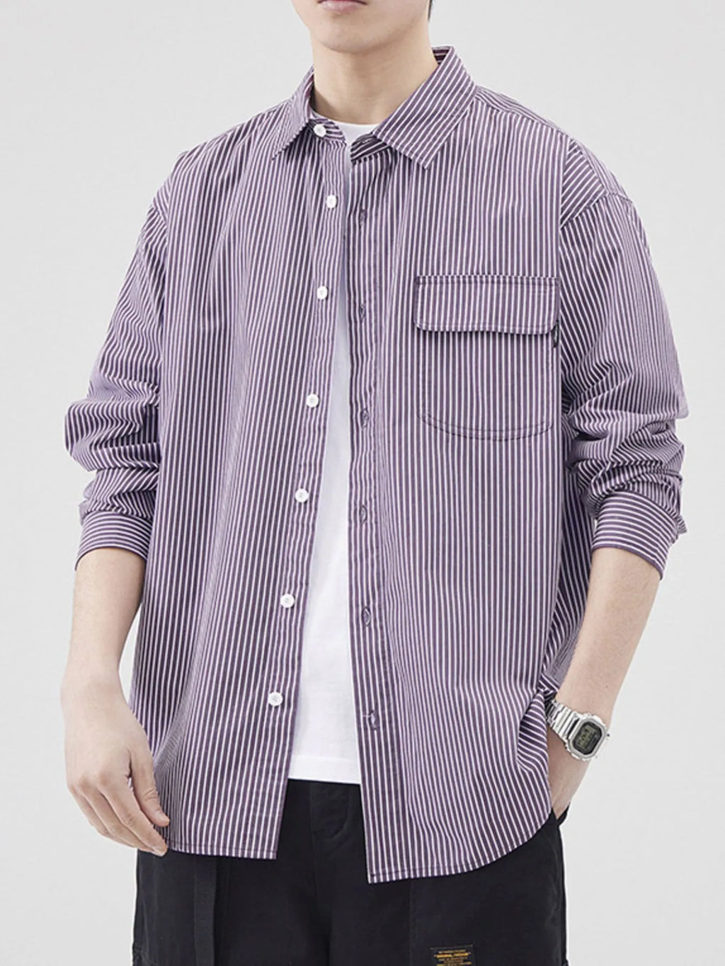Men's Plus Size Striped Button Up Long Sleeve Shirt