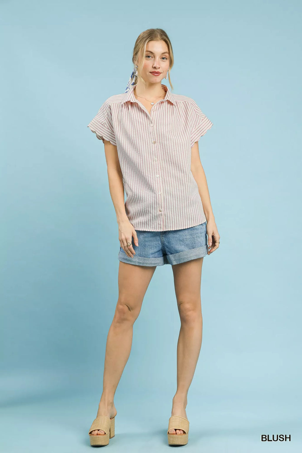 Umgee Striped Button-Down Top with Scallop Sleeves