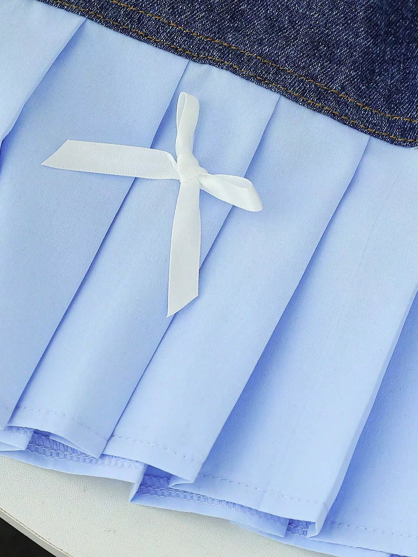 Children's Ruffled Top & Denim Patchwork Pleated Skirt Set