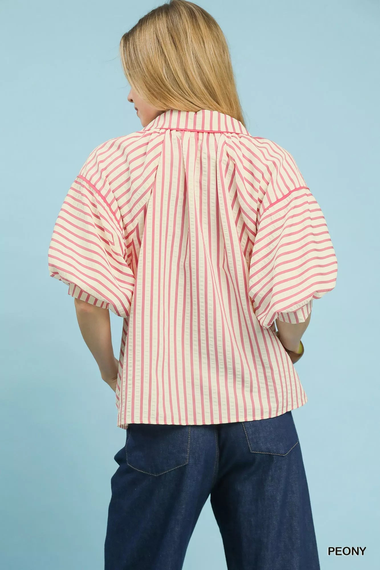 Umgee Chevron Stripe Collared Relaxed Top