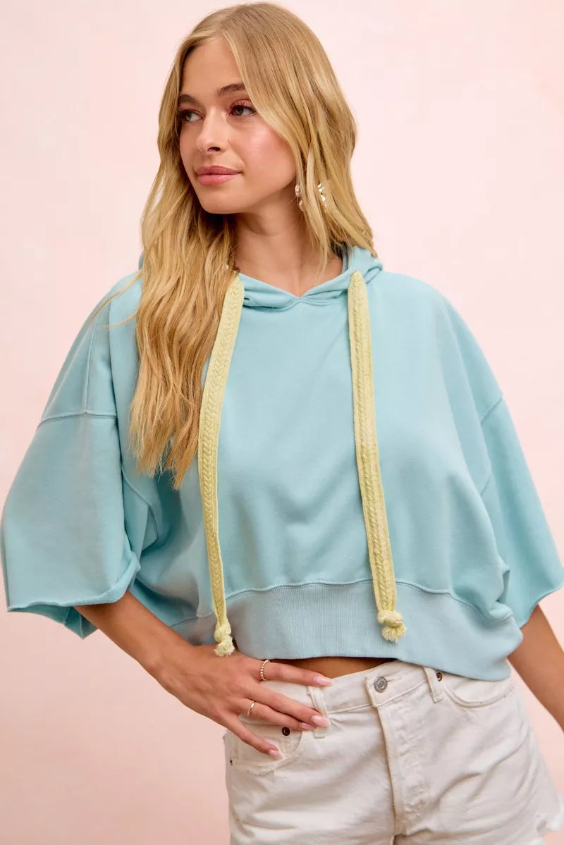 BiBi Washed Terry Short Sleeve Drawstring Hoodie Top