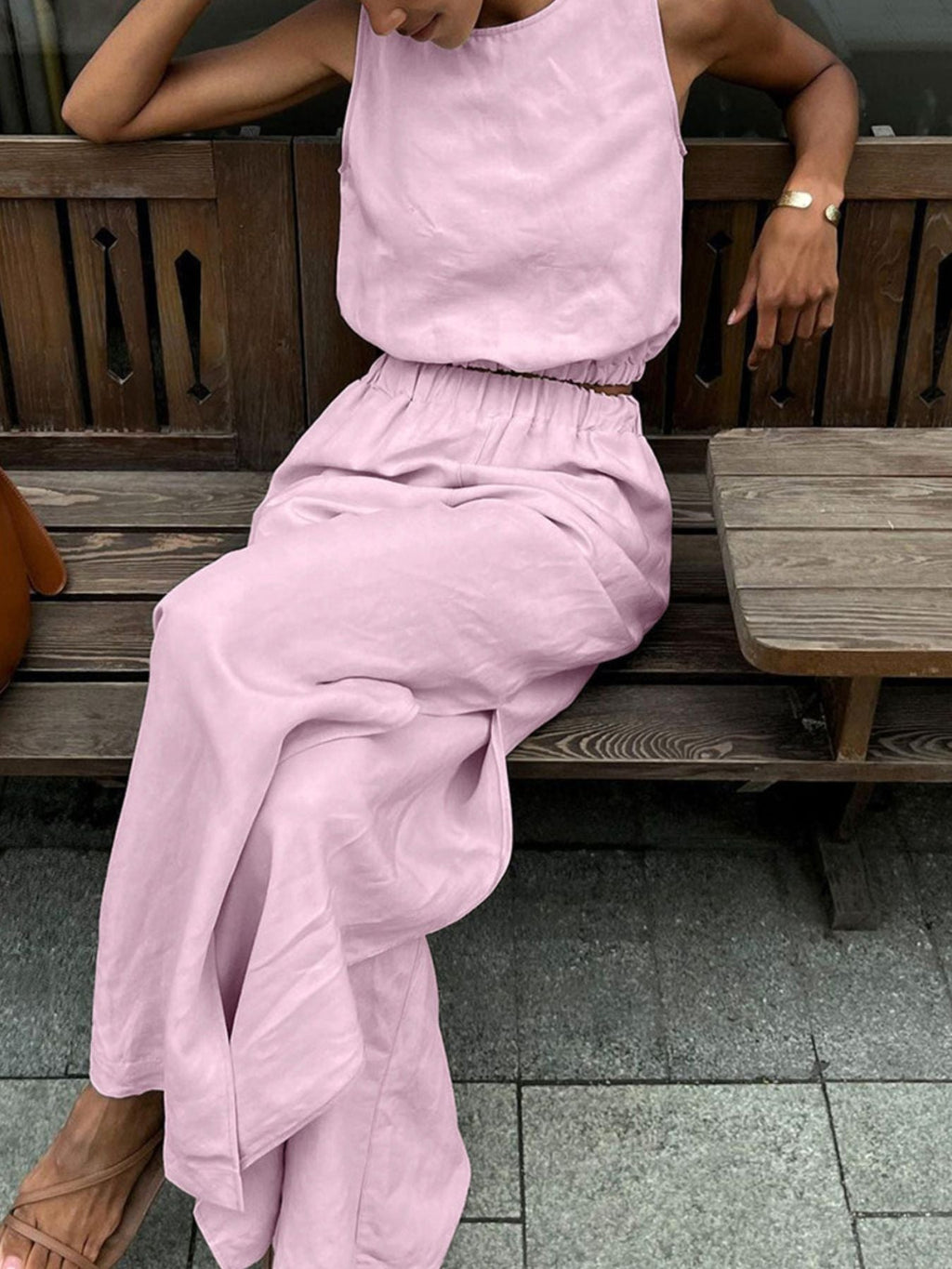 Sleeveless Crop Top and Slit Pants Set