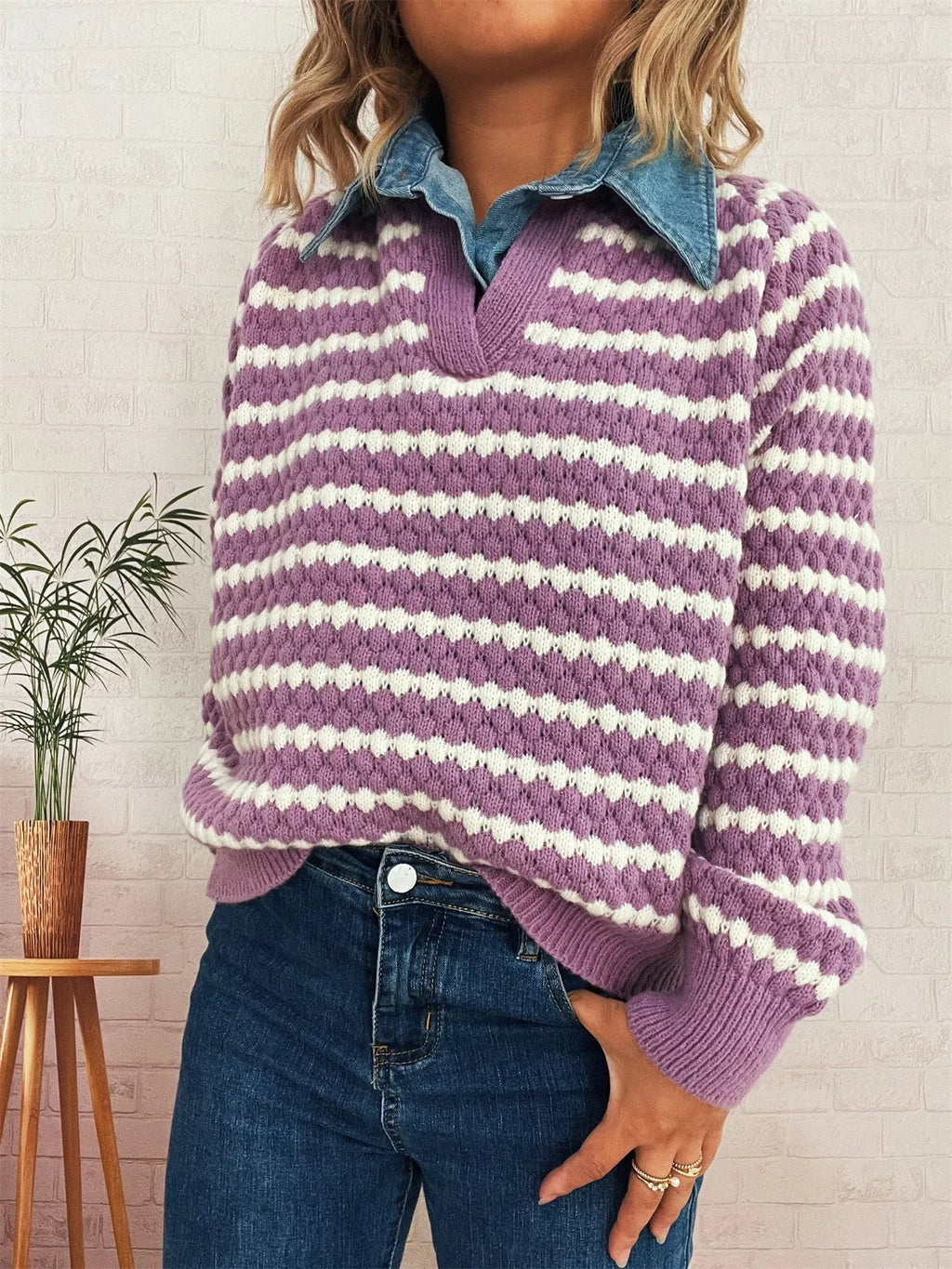Contrast Striped Sweater with Denim Collar