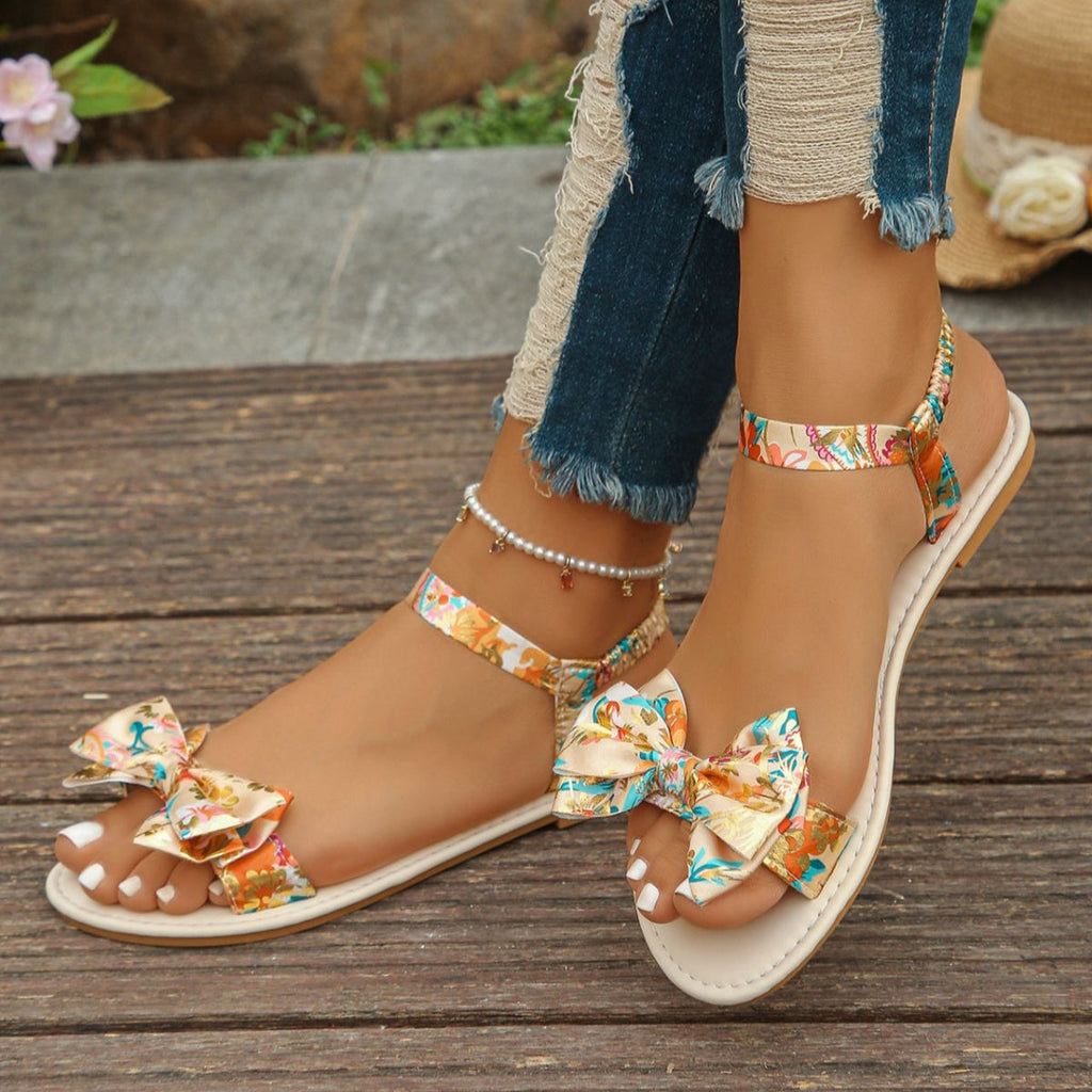 Floral Bowknot Ankle Strap Flat Sandals