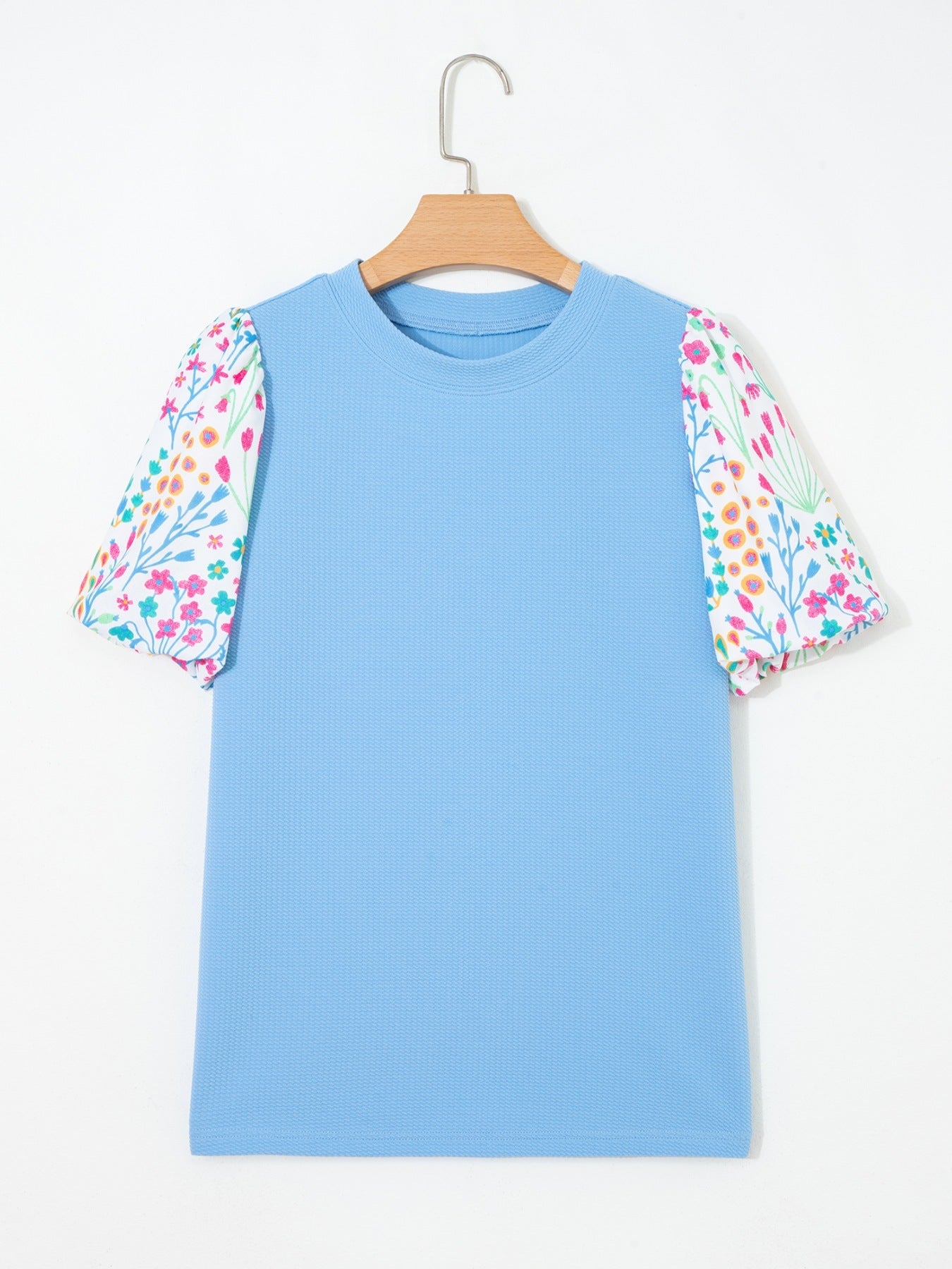 Round Neck Textured Contrast Floral Bubble Sleeve Blouse