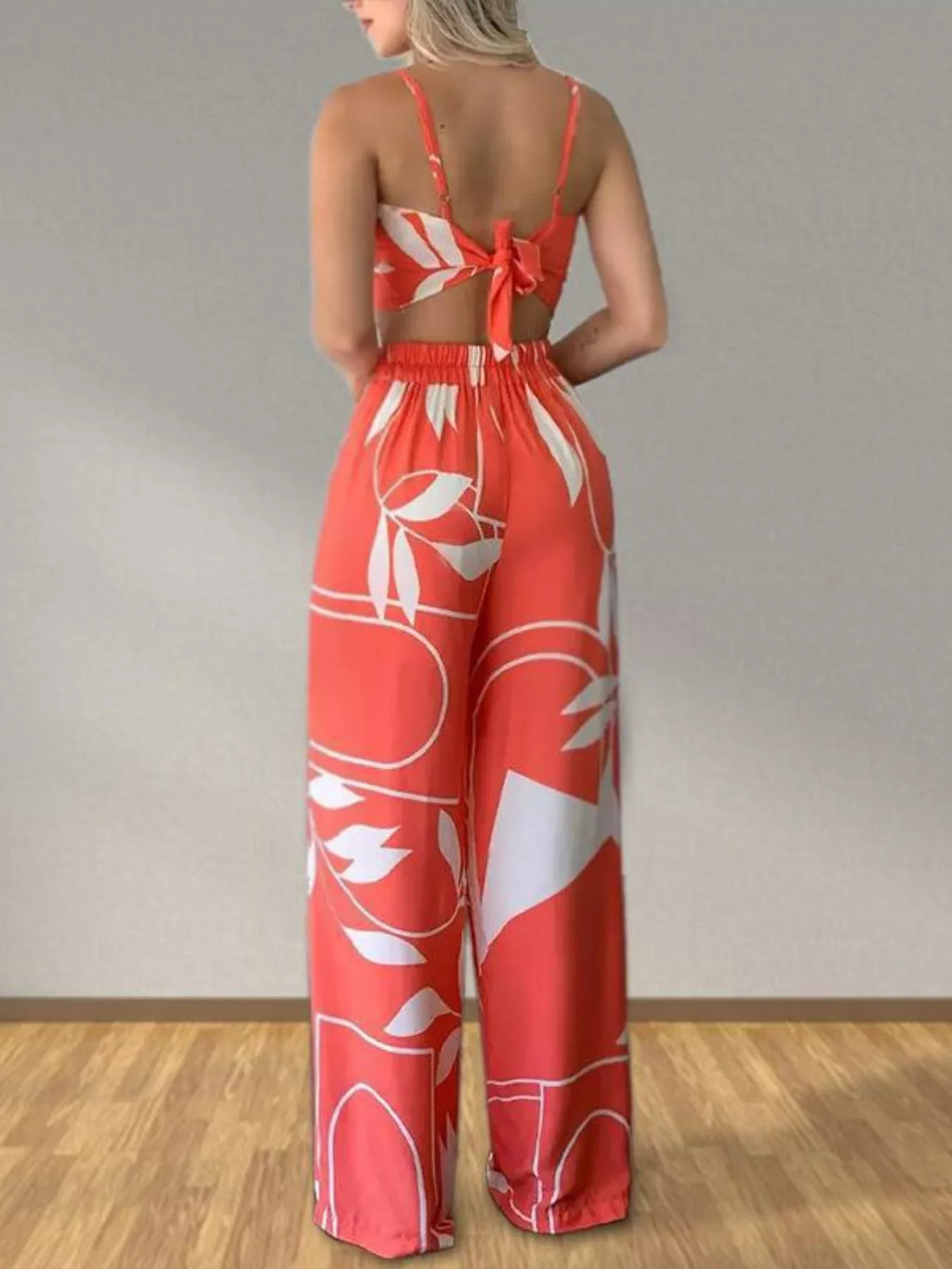 Tropical Print Spaghetti Strap Crop Top and Wide Leg Pants Set