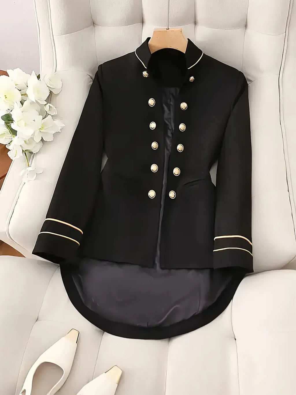 Decorative Button Hight-Low Blazer with Cuff Trim