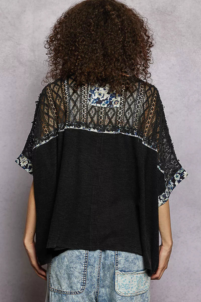 POL Floral Patchwork Lace Accent Blouse