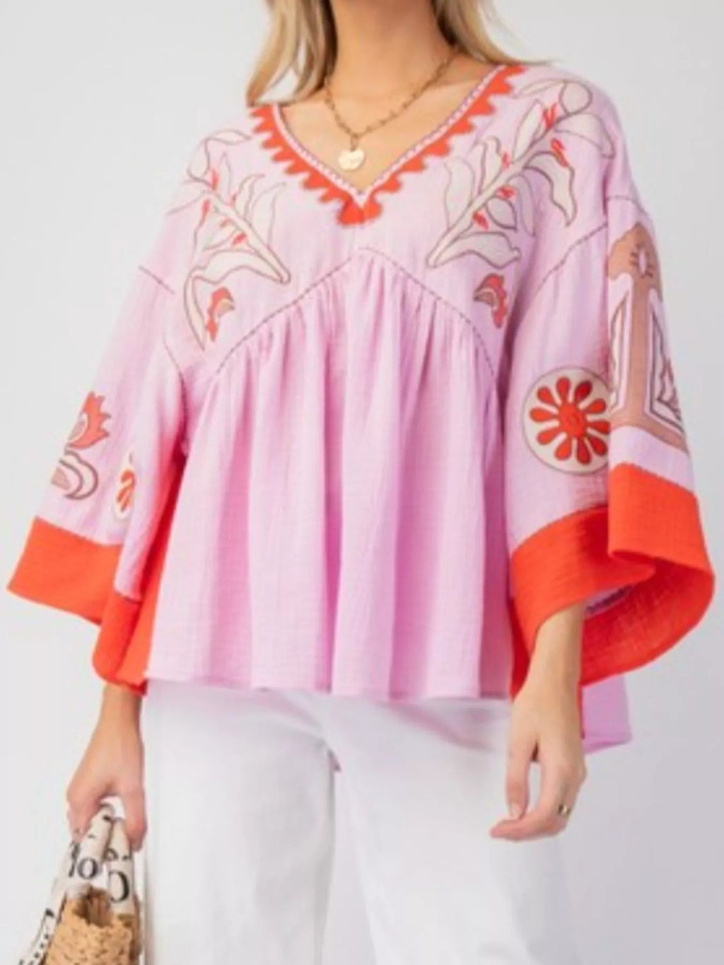 Printed V-Neck Top with Contrast Trim Details
