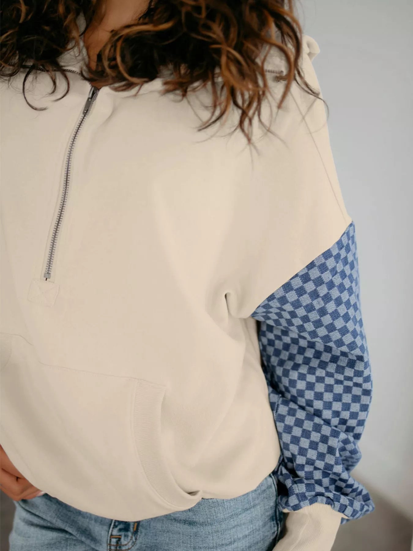 Checkered Color Block Half Zip Sweatshirt