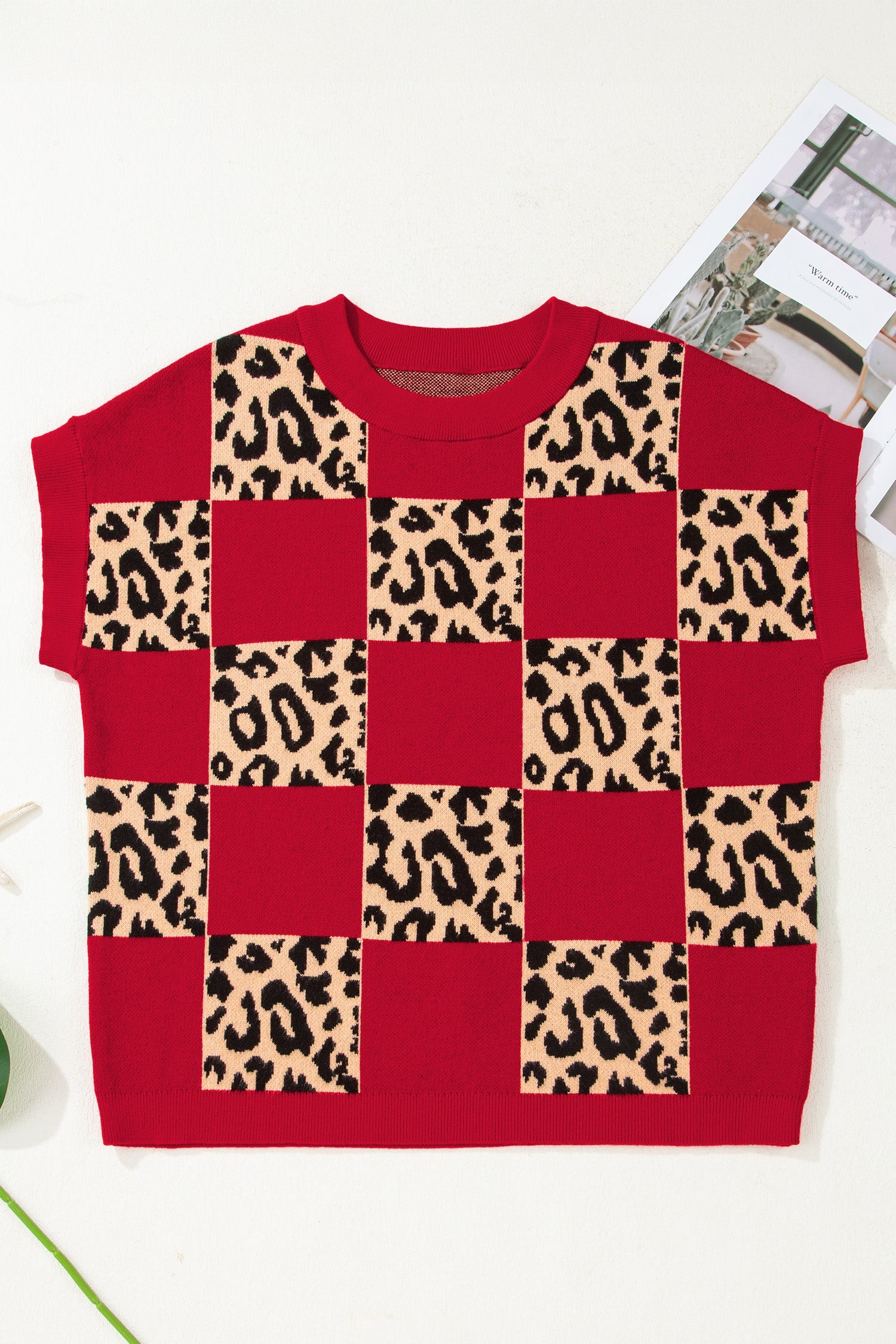 Leopard Checker Short Sleeve Knit Sweater