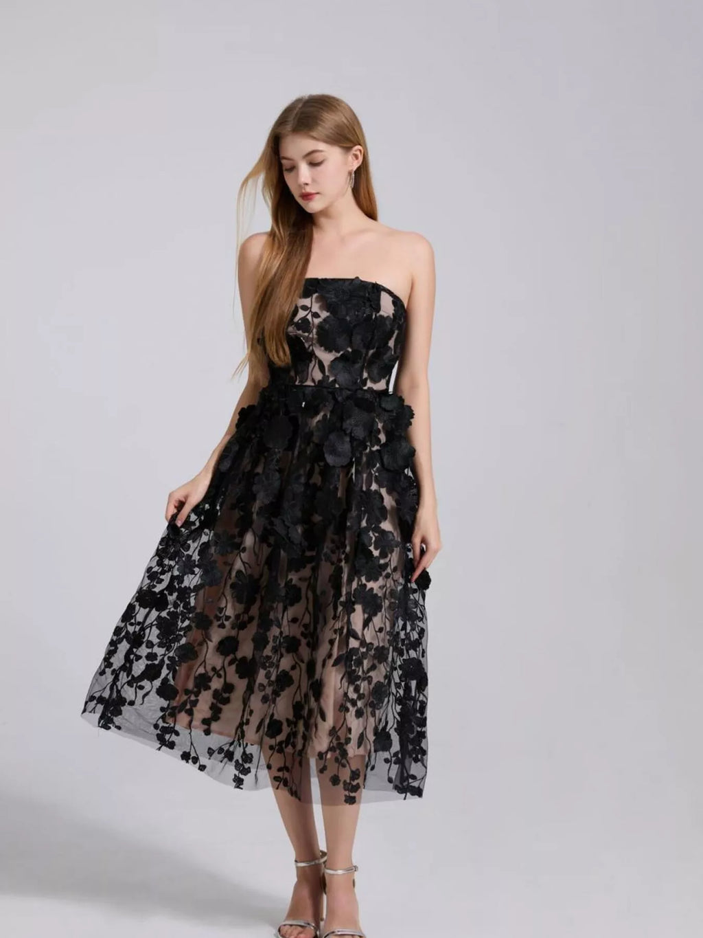 Floral Applique Strapless Midi Dress