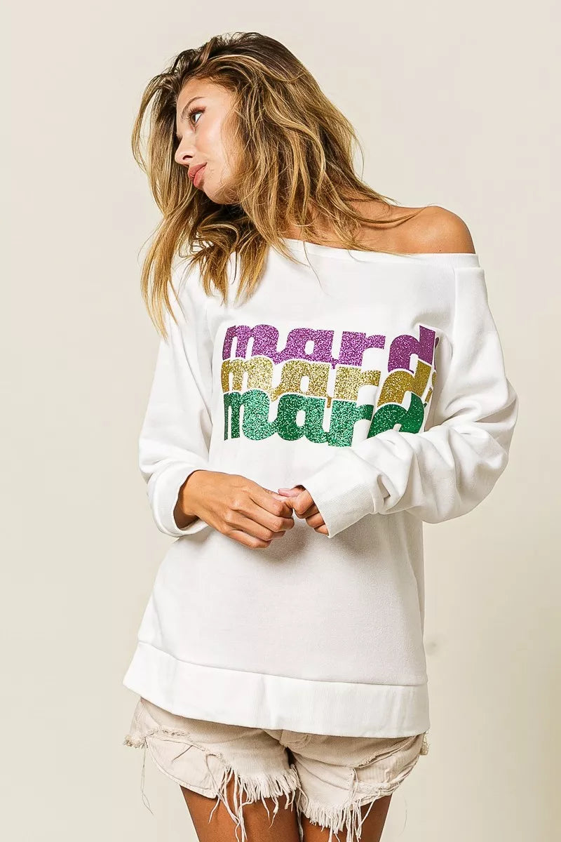 BiBi Mardi Gras Glitter Lettering Sweatshirt