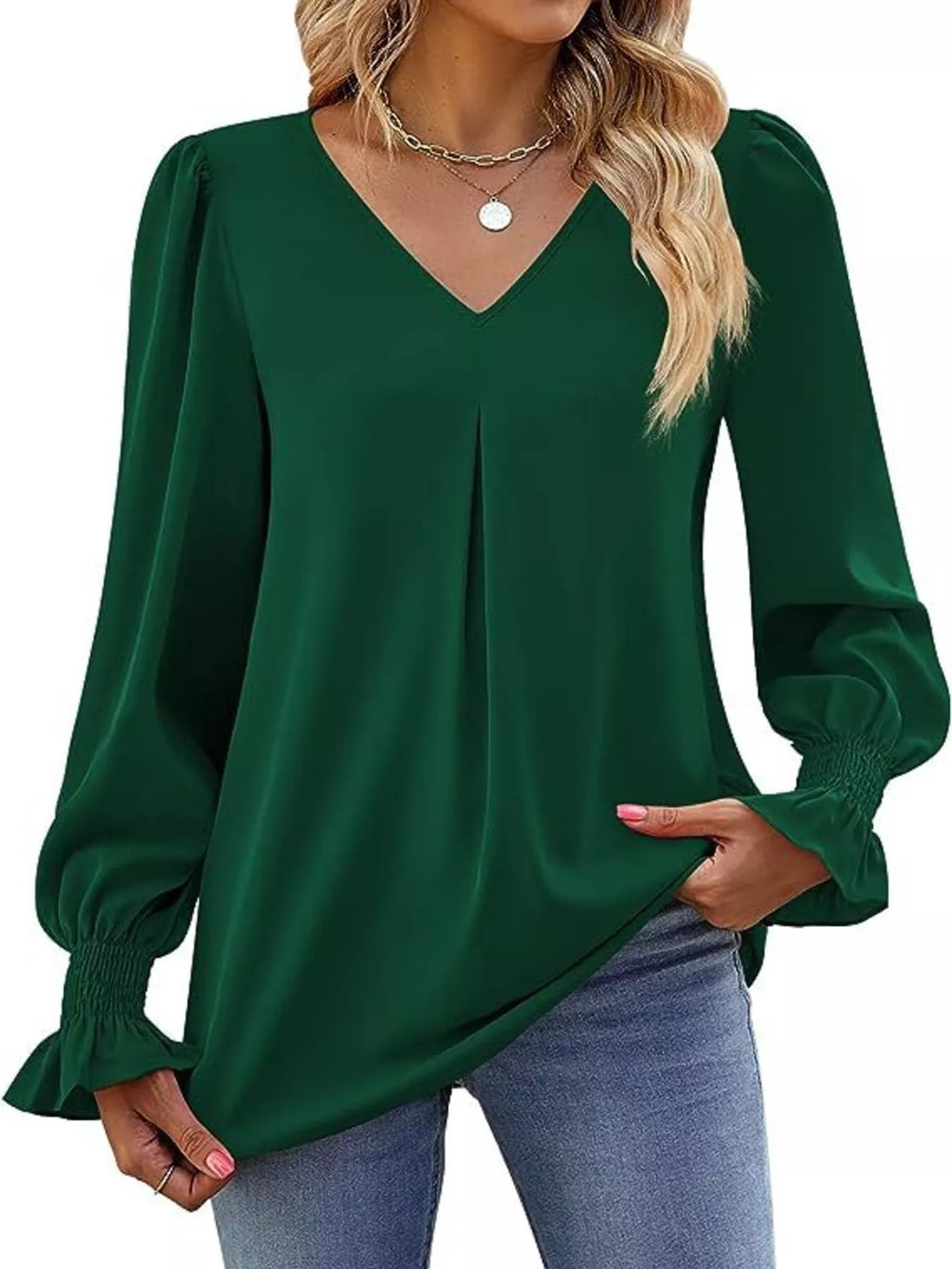 V-Neck Long Sleeve Ruffle Cuff Blouse