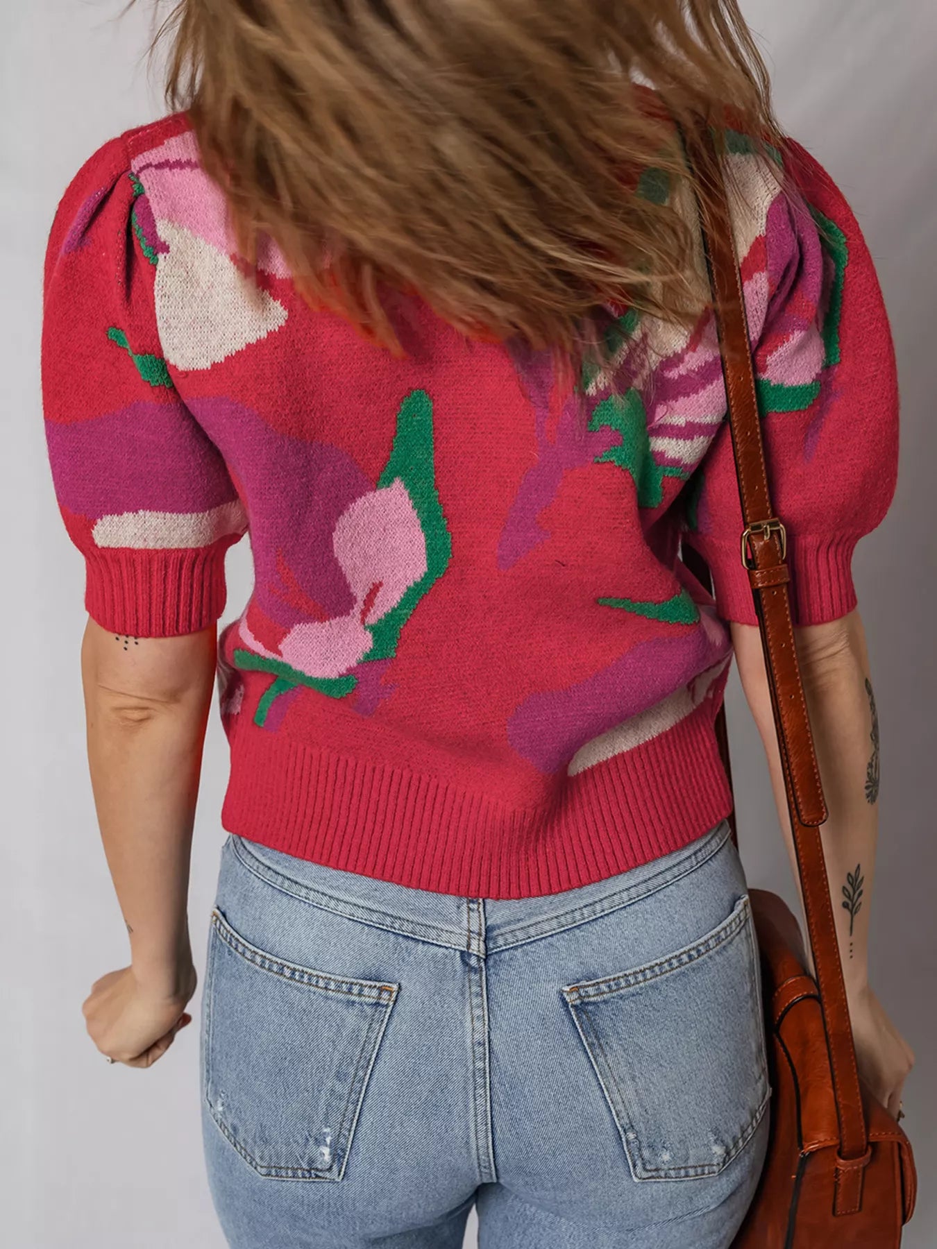 Floral Abstract Print Short Puff Sleeve Sweater