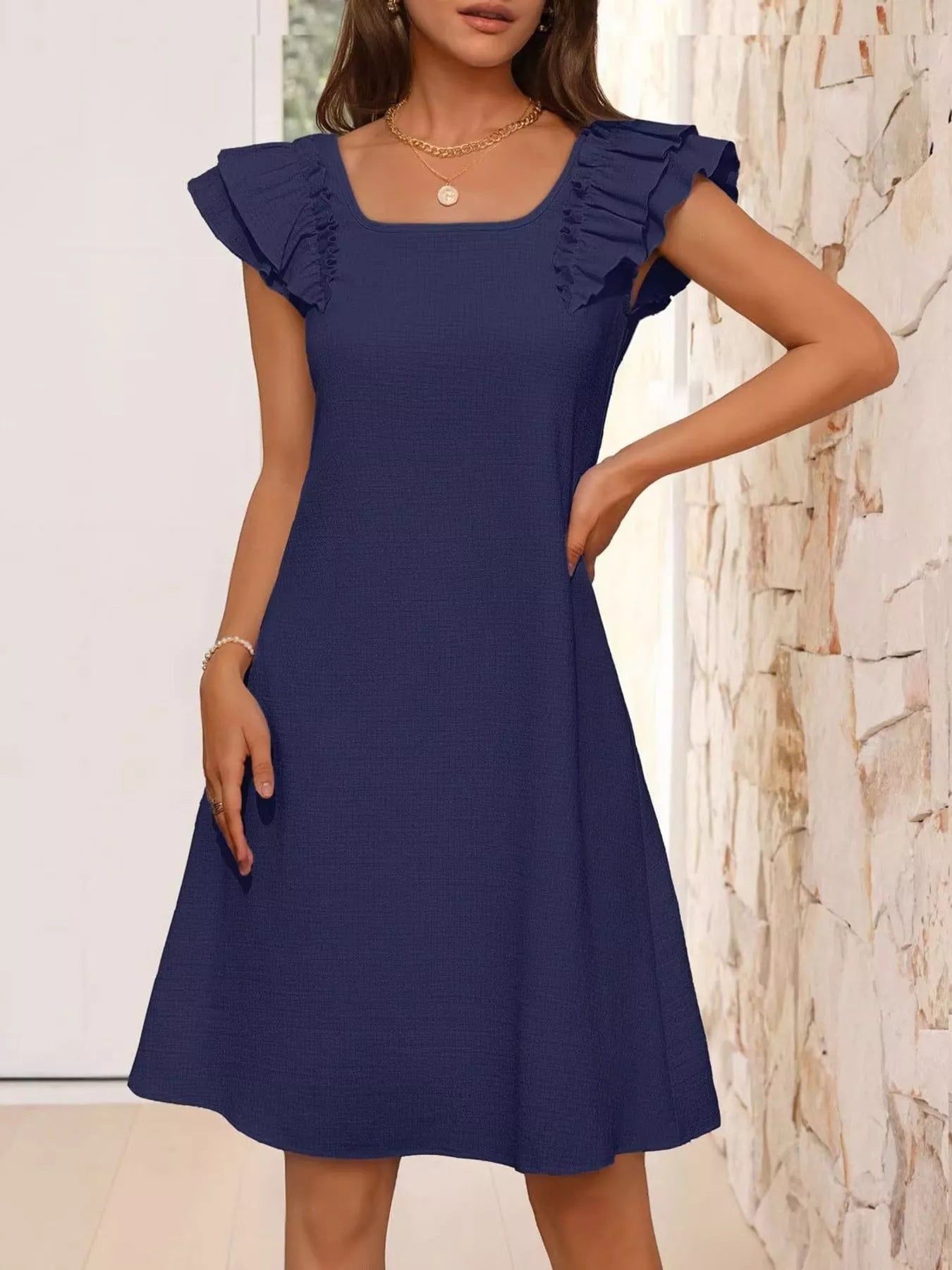 Ruffled Sleeve Square Neck Casual Dress