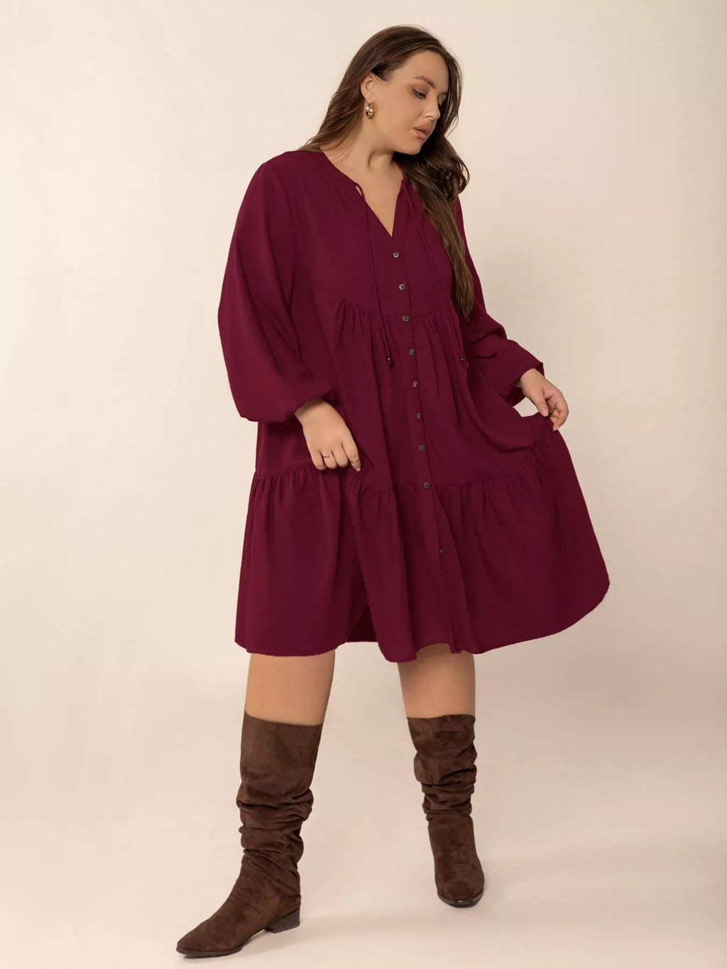 Plus Size Button Front Balloon Sleeve Dress