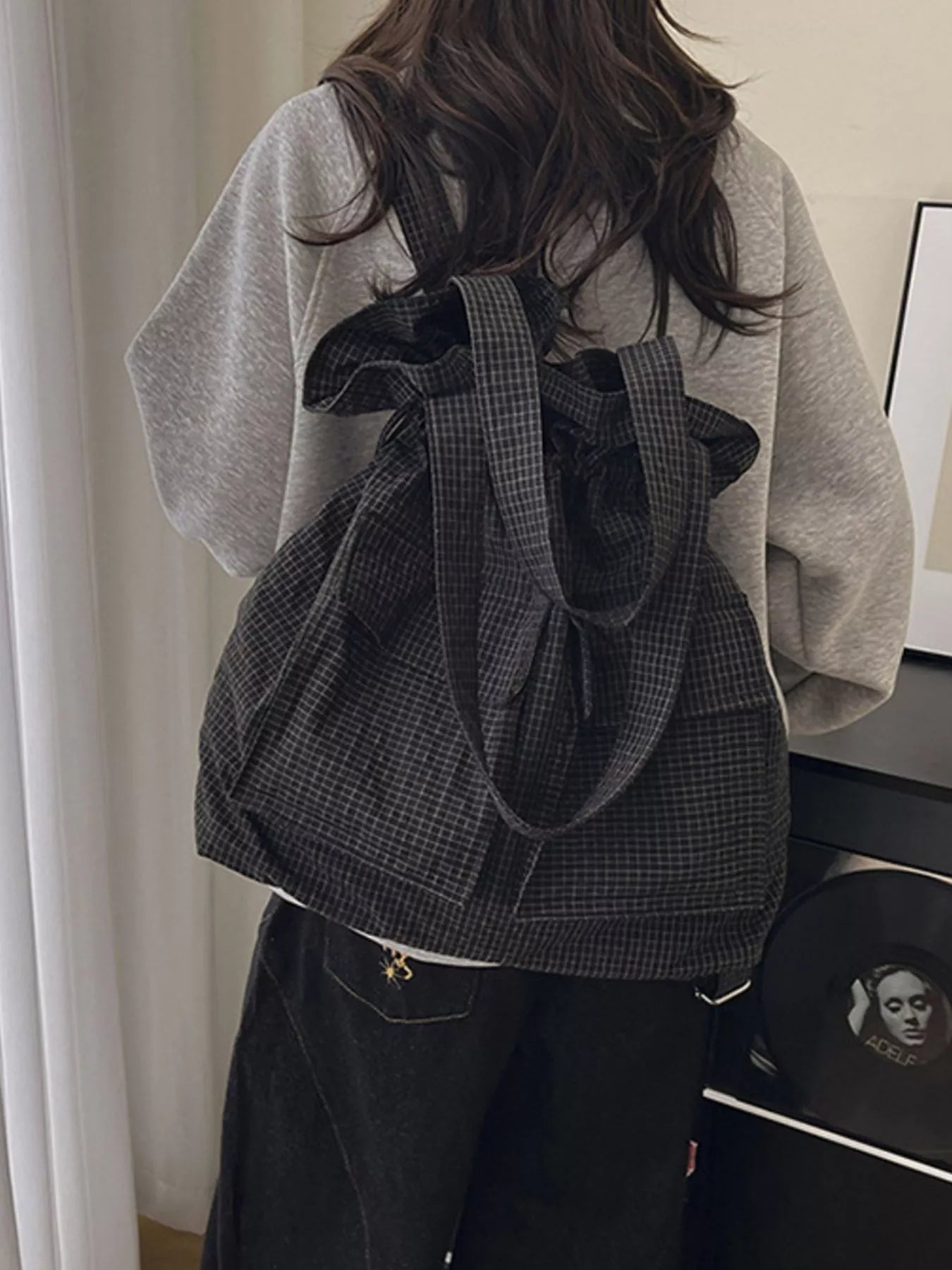 Convertible Plaid Drawstring Backpack Bag