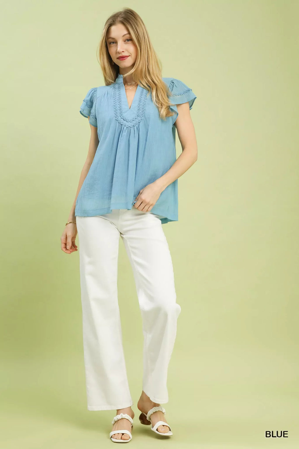 Umgee Scalloped Trim Flutter Sleeve Top