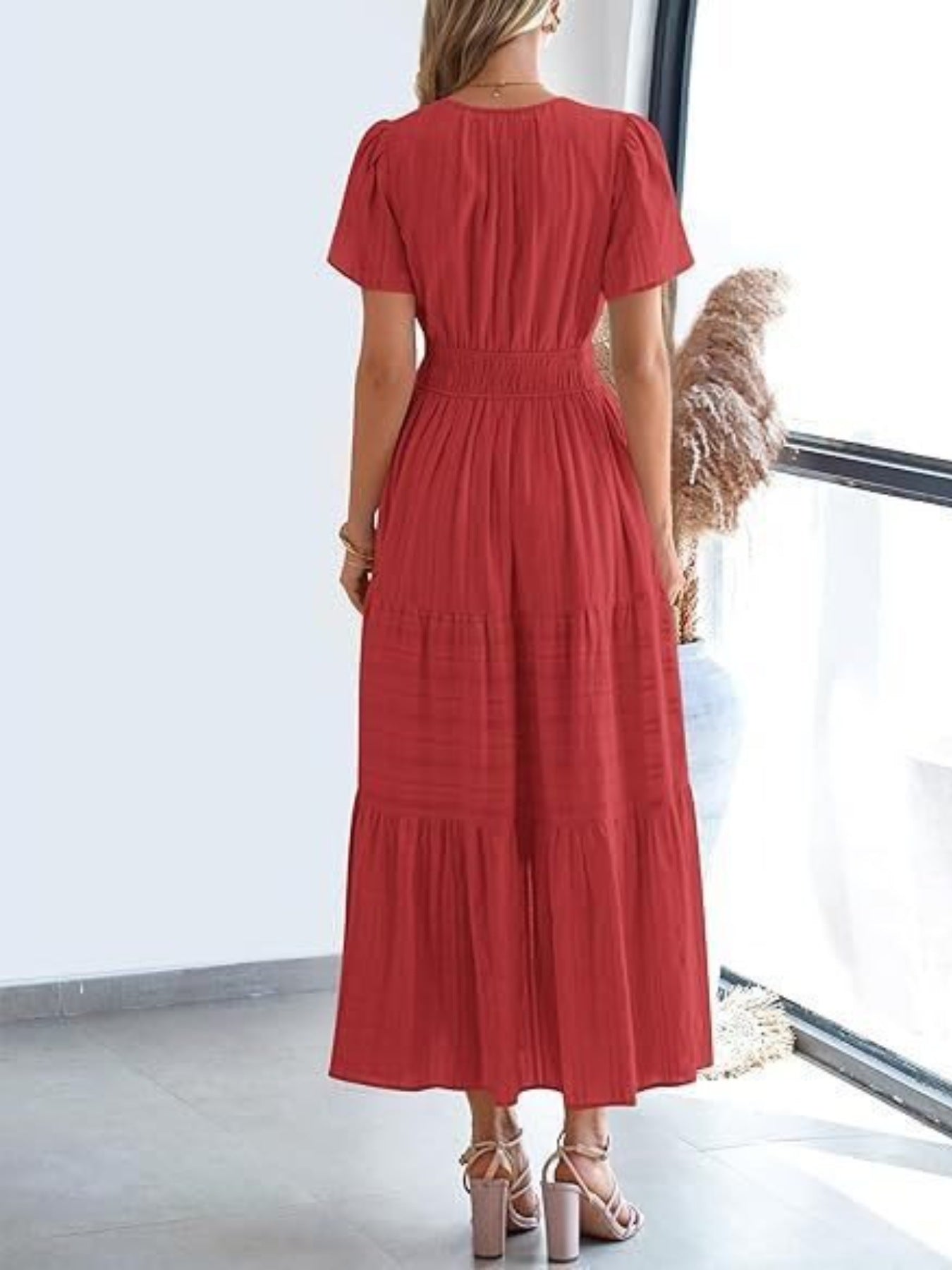 Notched Short Sleeve Tiered Dress