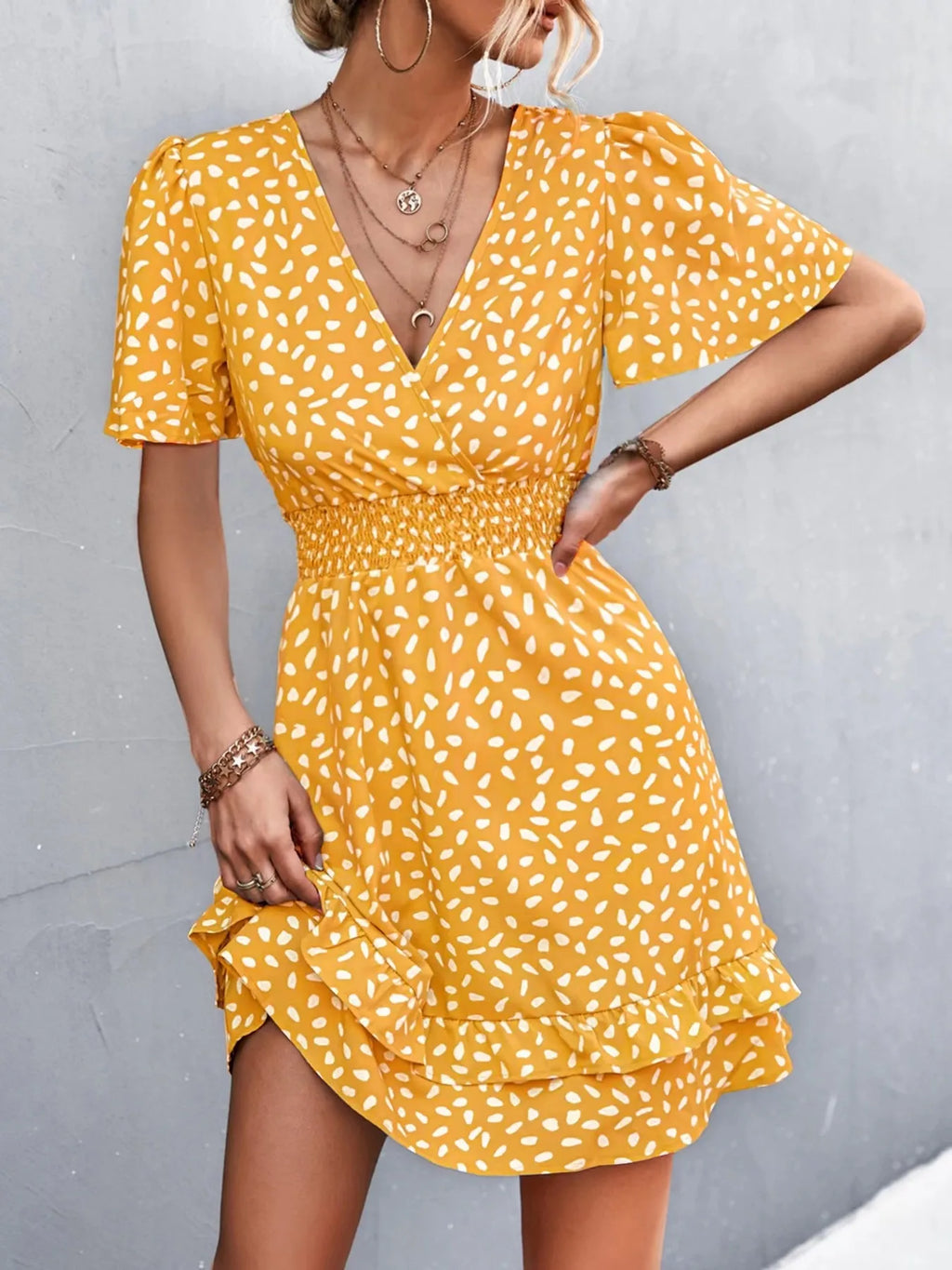 V-Neck Flutter Sleeve Mini Dress