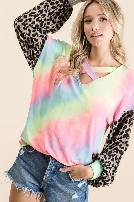 BiBi Tie Dye Terry Top with Leopard Puff Sleeves