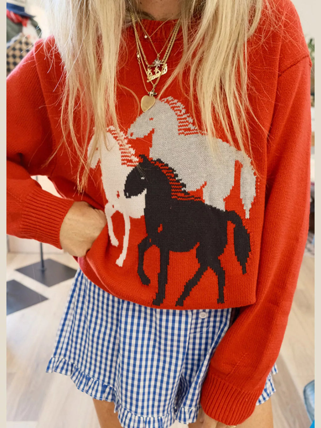 Horse Round Neck Long Sleeve Sweater