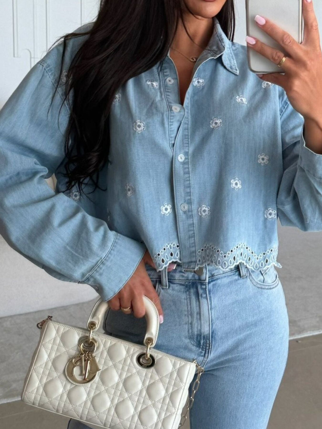 Embroidered Cropped Denim Shirt